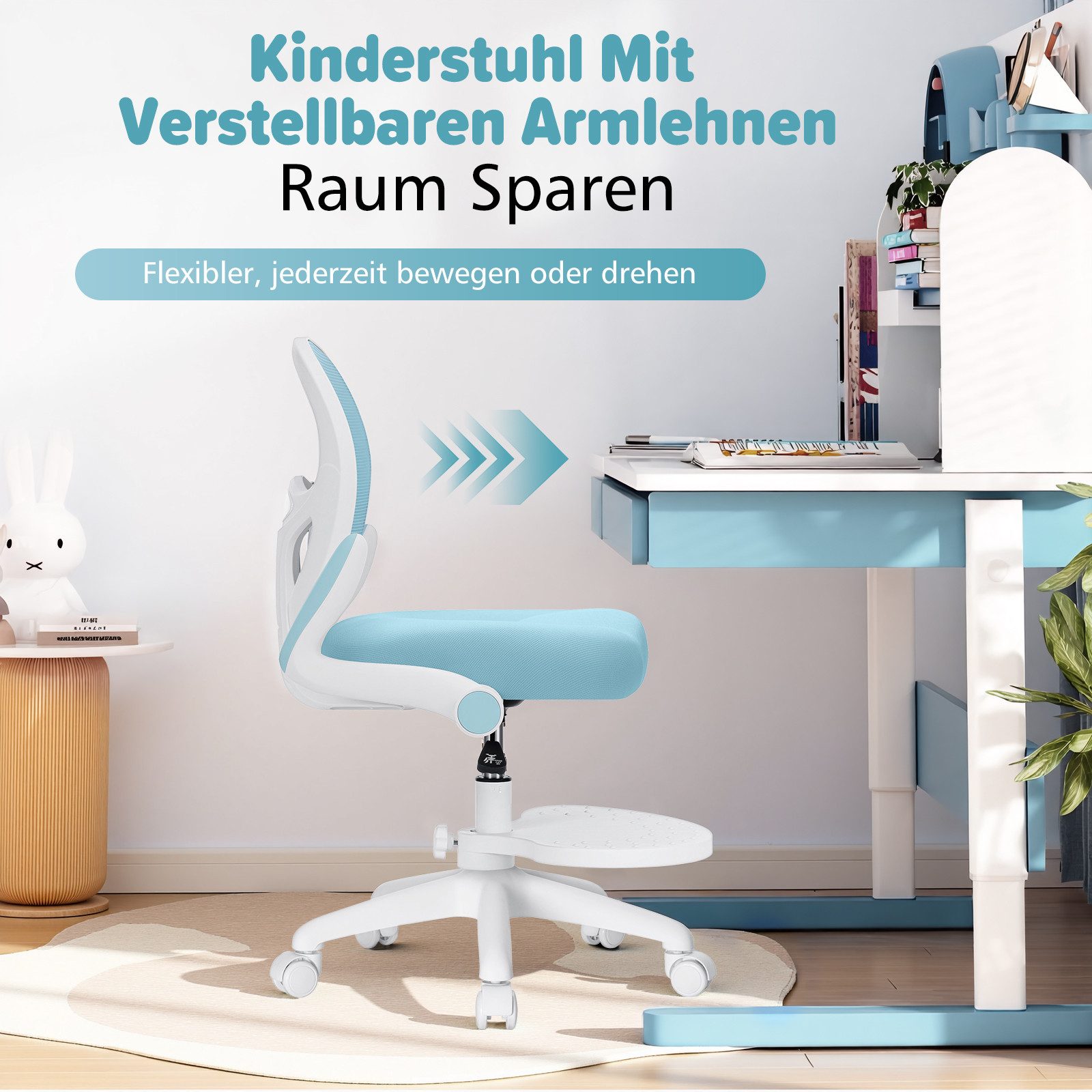 Insma Drehstuhl Kinder Schreibtischstuhl ergonomisch höhenverstellbar (mit klappbaren Armlehnen, Fußstütze und 5 feststellbarer Rollen), von 3-12 Jahre, Maximale Tragfähigkeit 158kg