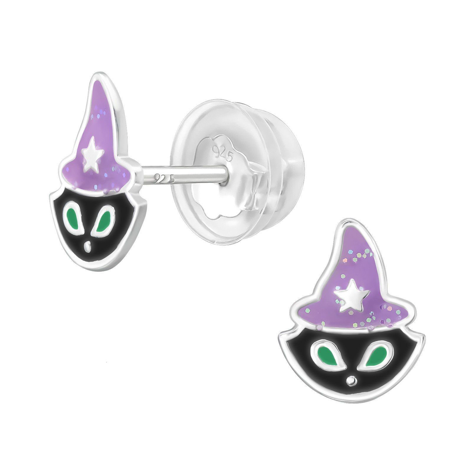 BUNGSA Ohrring-Set Ohrstecker Glitzer-Katze mit Hexenhut für Halloween-Fans aus 925 Silbe (1 Paar (2 Stück), 2-tlg), Ohrschmuck Ohrringe