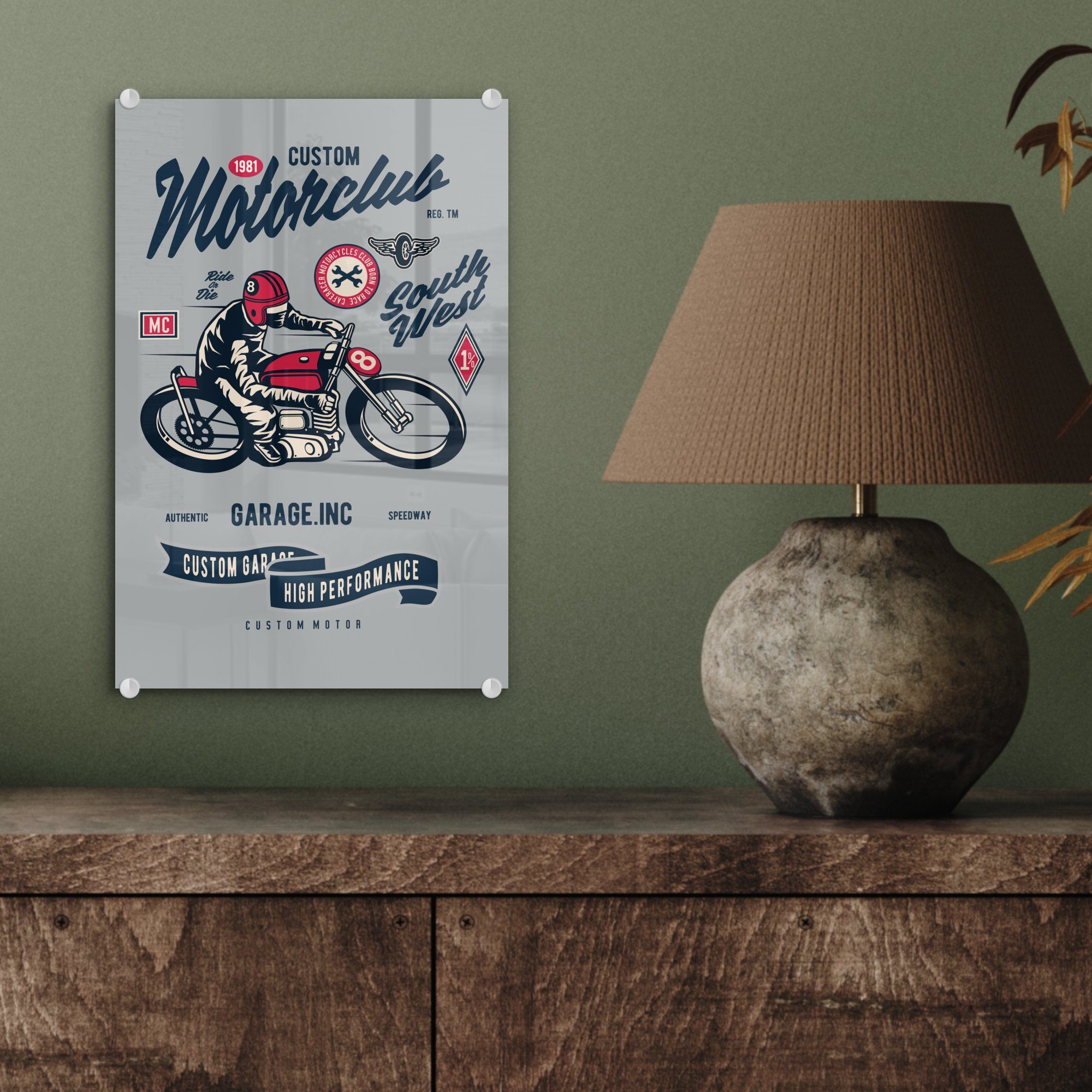 - Glas Acrylglasbild Kleidung MuchoWow auf - - - (1 Glasbilder Glas Bilder Wandbild Wanddekoration Motorrad Foto - St), Retro, auf