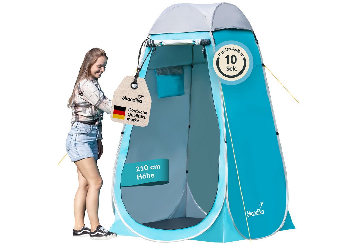 Skandika Kuppelzelt Duschzelt Pop Up, Umkleidezelt, Toilettenzelt, silberbeschichtet, Personen: 1 (1 Fenster mit Moskitonetz und Abdeckung, Tragetasche, Gute Ventilation), 210 cm Stehhöhe, Blickdicht, separater Boden, Duschbefestigung, leicht