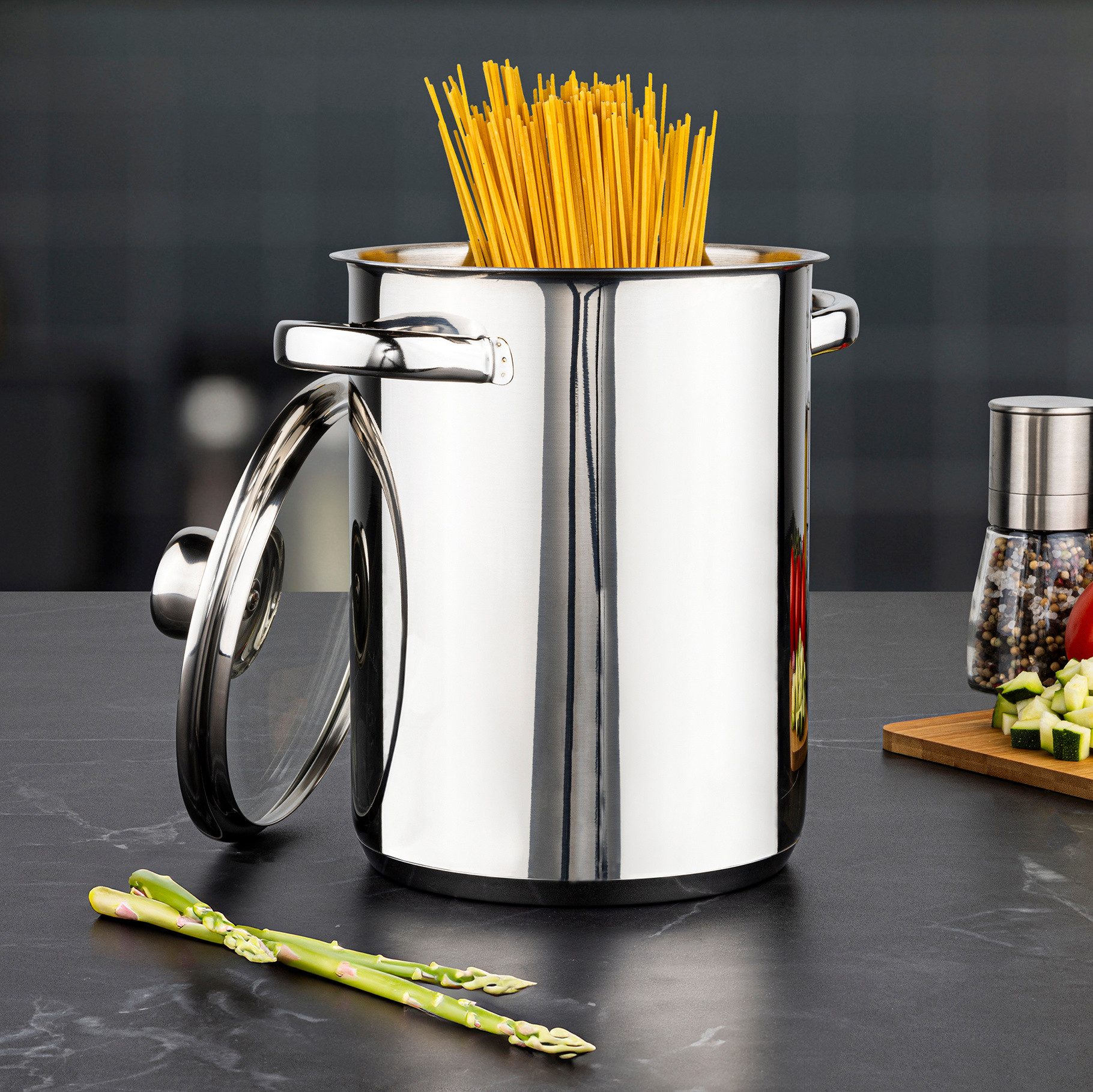 Haushalt International Spargeltopf 4 Liter Nudeltopf Spaghettitopf aus Edelstahl Kochtopf, Edelstahl, Kapel-Thermoboden mit praktischem Schüttrand