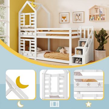 XDeer Jugendbett Kinderbett Baumhaus Hochbett mit Schublade und Rausfallschutz, 2x Lattenrost für Kinder 90 x 200 cm Weiß