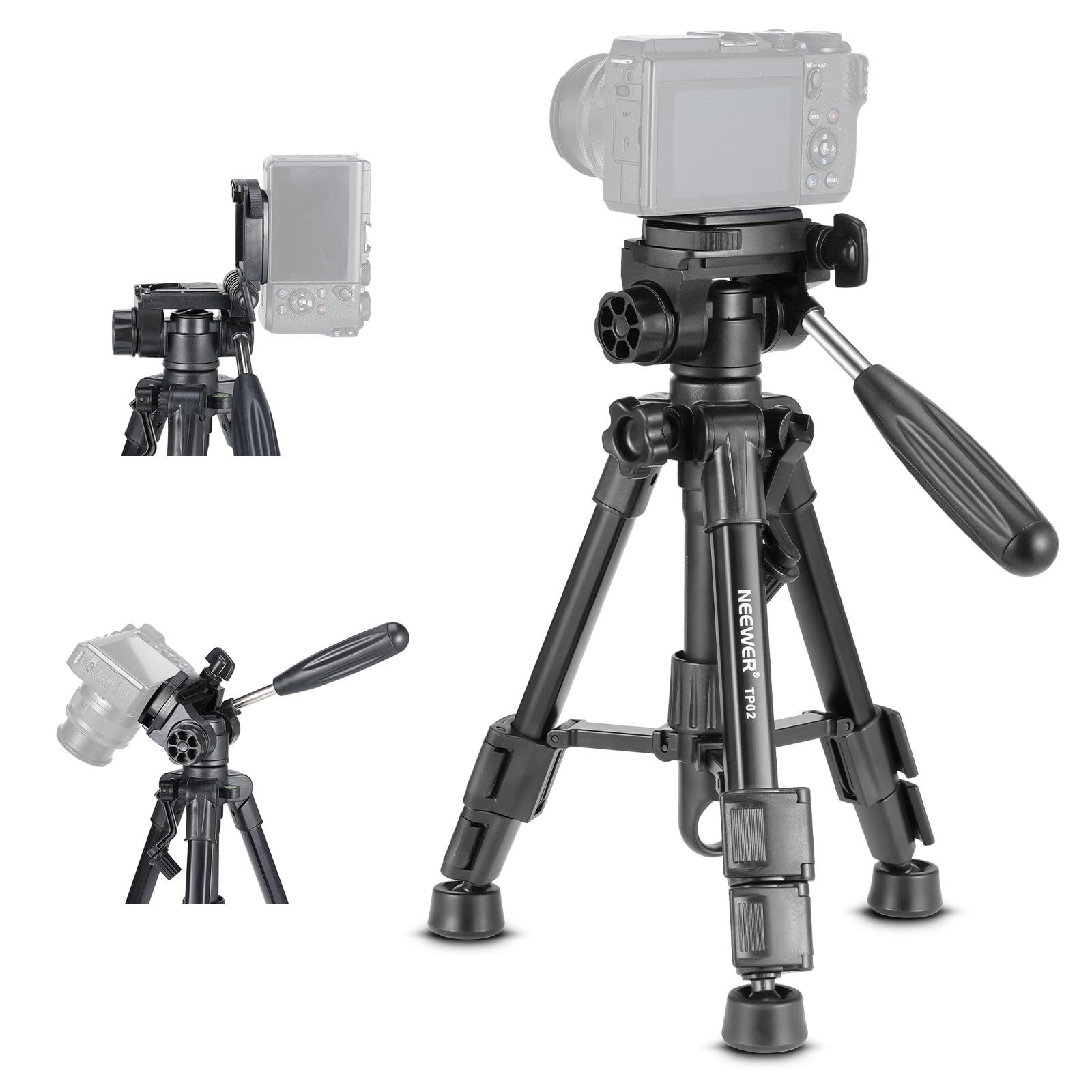 Neewer TP02 Mini Tischstativ mit 3-Wege-Kopf für Kamera, max. 2kg Tragkraft Ministativ (höhenverstellbar von 32 bis 61.5 cm)