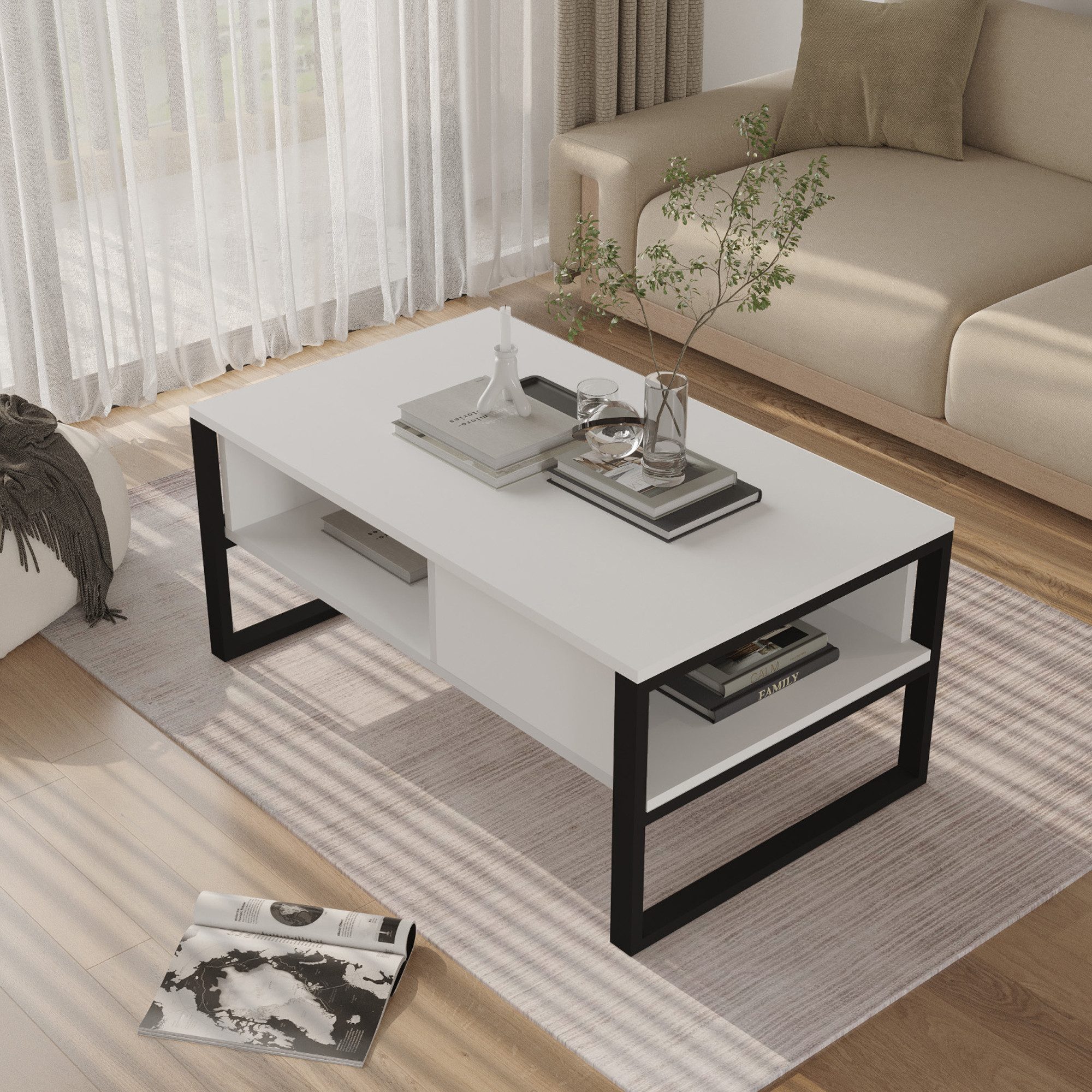 en.casa Couchtisch, »Laukaa« rechteckig Metallgestell 100 x 60 x 45 cm Weiß günstig online kaufen