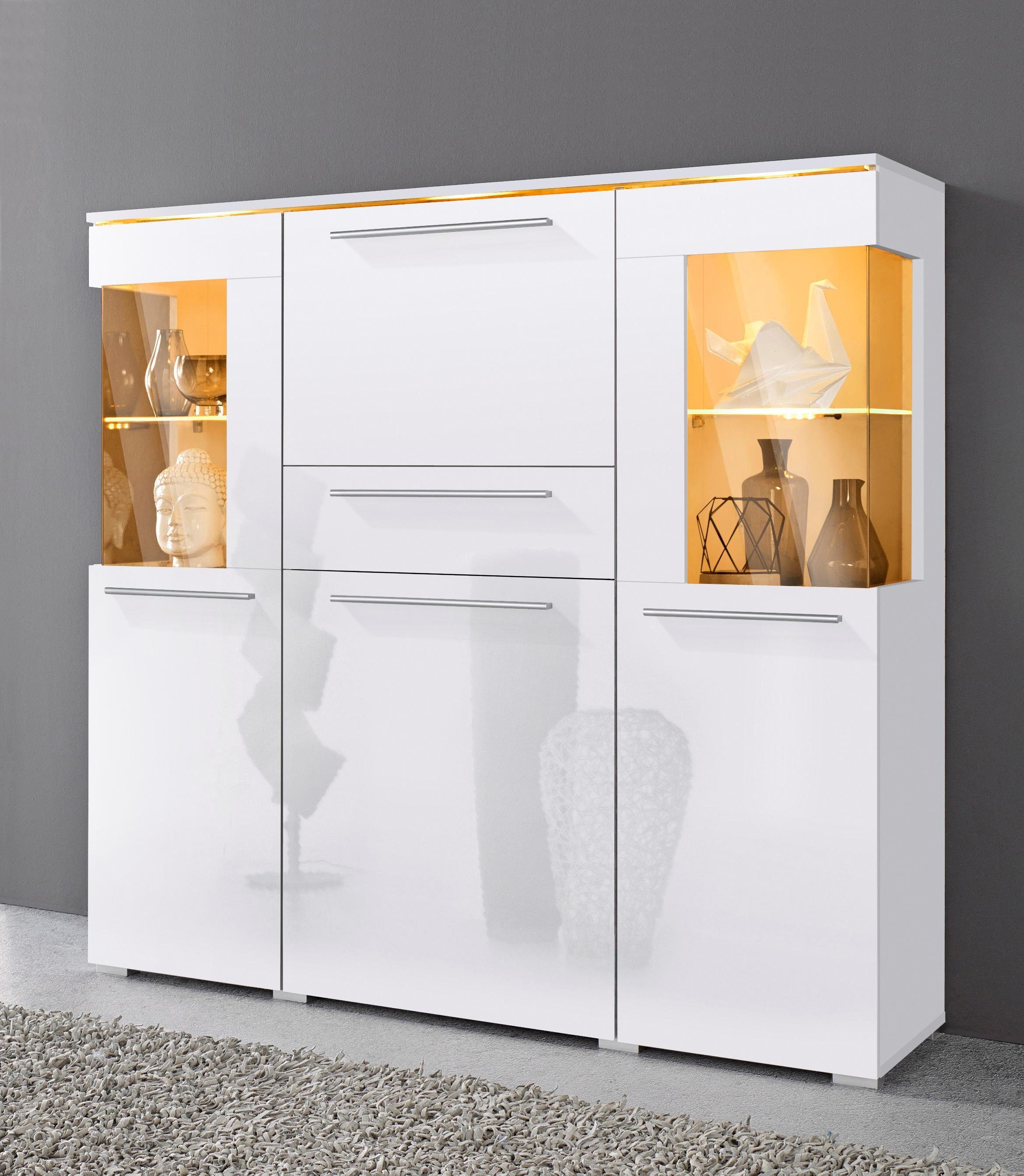 OTTO home Highboard India,Breite 130cm, stilvolle Hochkommode 3Türen, Klappe und Schublade, Hochschrank viel Stauraum, Einlegeböden verstellbar,ohne Beleuchtung