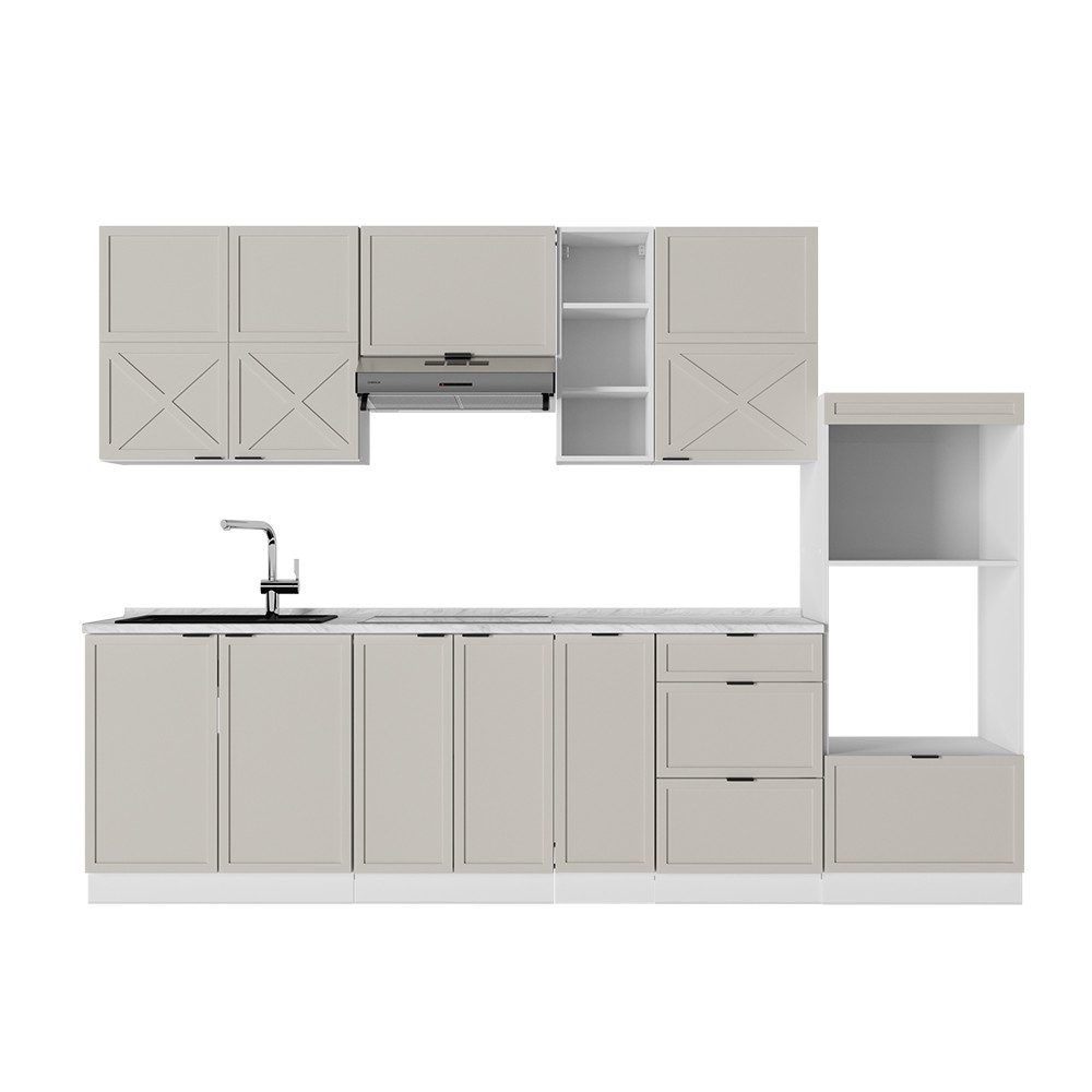Vicco Küchenzeile Fame-Line, GrauBeige/Weiß/Weiß, 280 cm ohne Arbeitsplatte