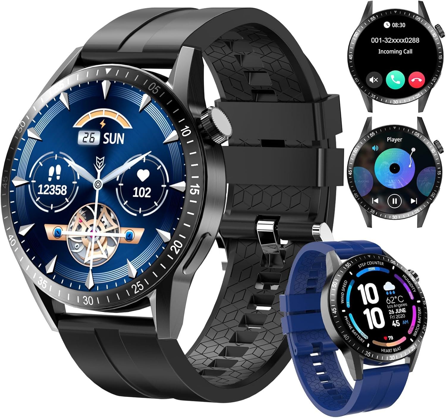 Zevelora Herren's Telefonfunktion Fitness-Tracker Smartwatch (1.39 Zoll, Android/iOS), mit 2 Uhrgürteln 100+ Sportmodi, Sportuhren für Android/iOS