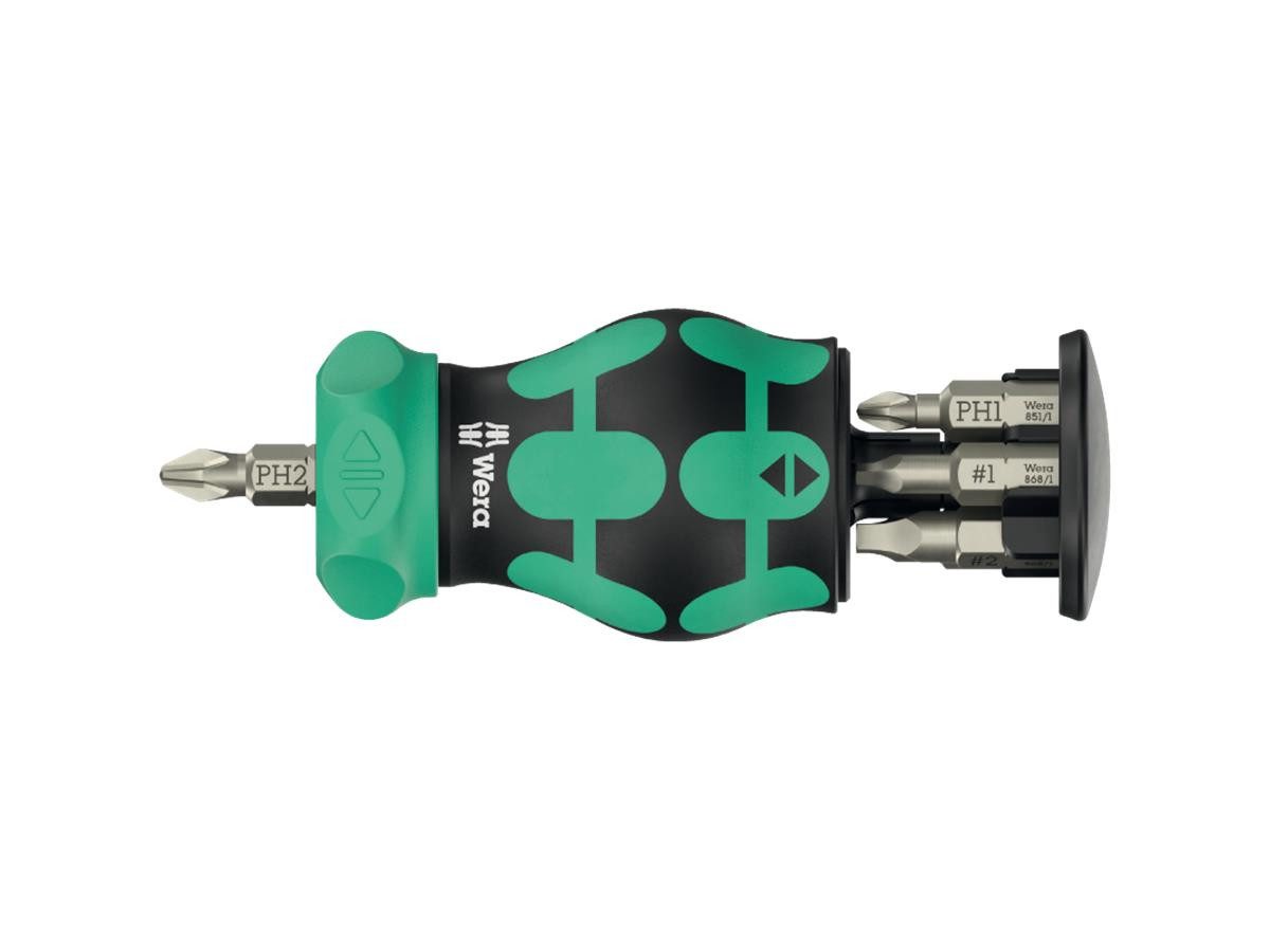 Wera Schraubendreher KK Stubby Magazin RA 4, (Set), 6-teilig, im Griff integrierte Ratsche, mit 6 Bits im Magazin
