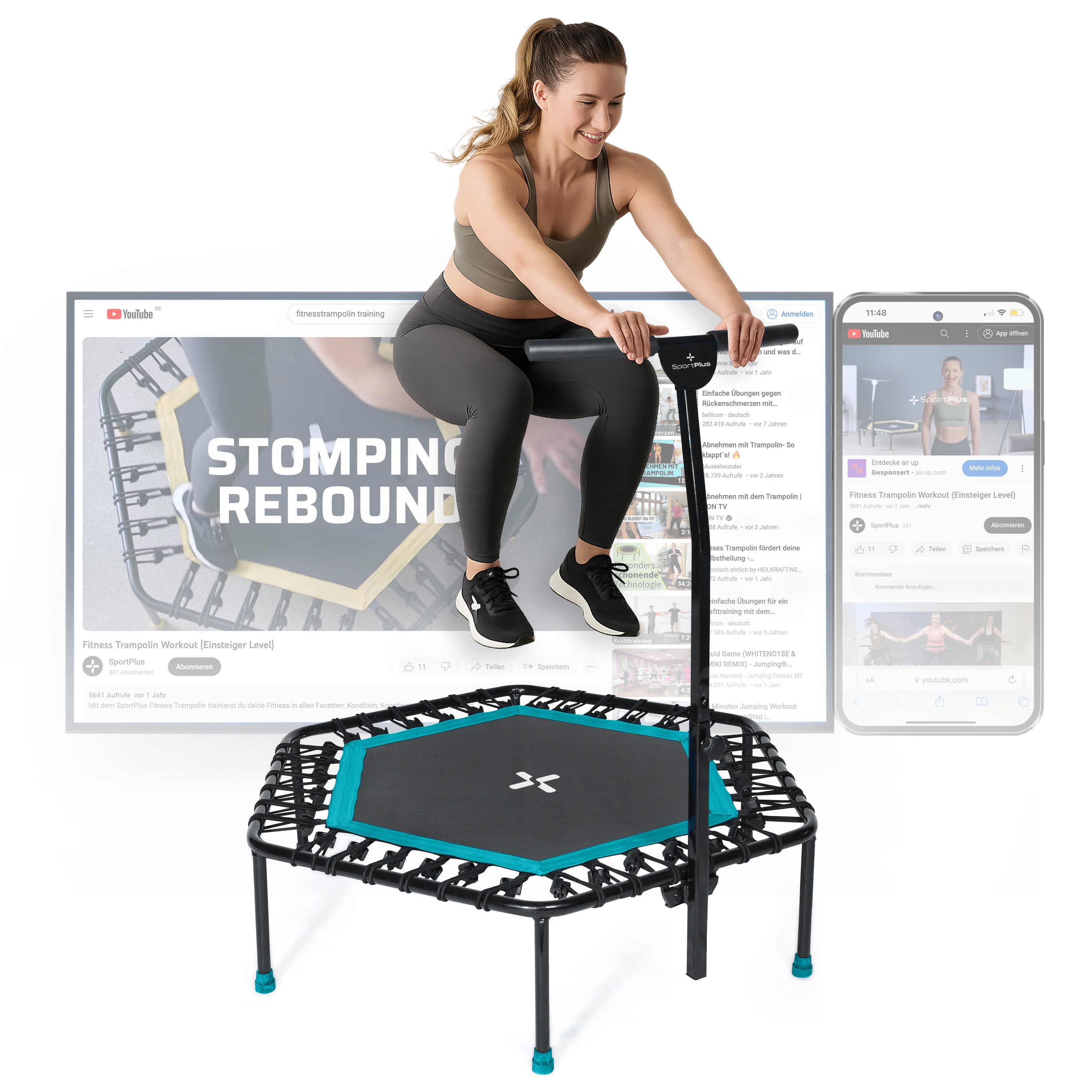 SportPlus Fitnesstrampolin SP-T-1100-T, Fitness Trampolin für zuhause, Fitnesstrampolin mit Haltefunktion