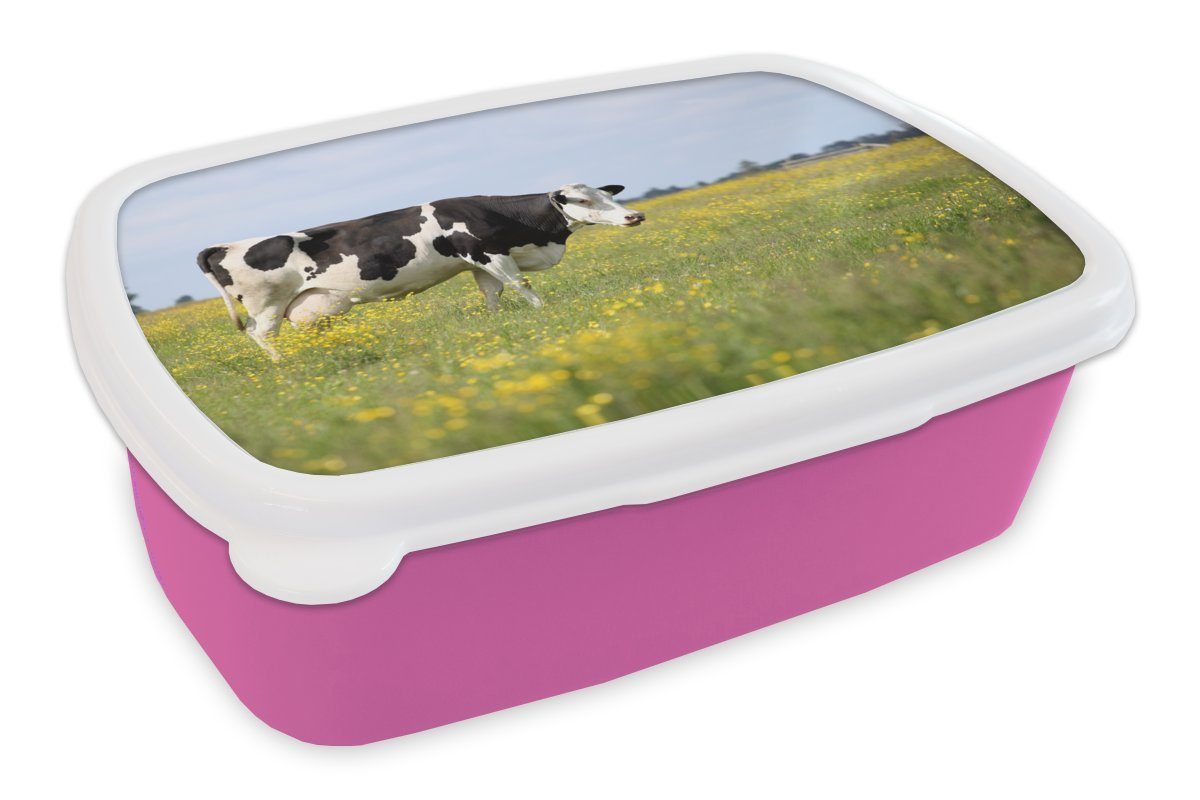 MuchoWow Lunchbox Kuh - Gras - Blumen, Kunststoff, (2-tlg), Brotbox für Erwachsene, Brotdose Kinder, Snackbox, Mädchen, Kunststoff rosa