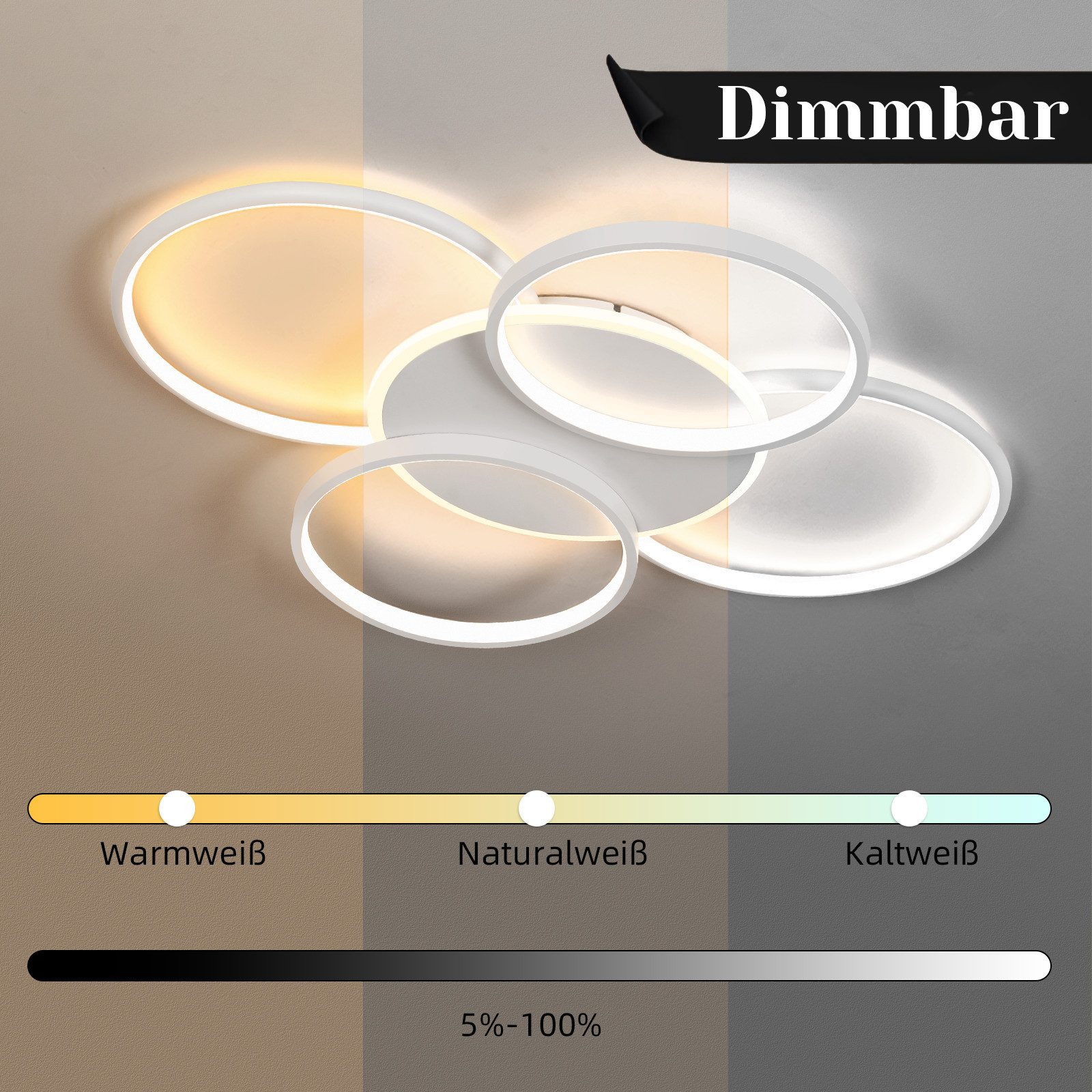 ZMH LED Deckenleuchte Wohnzimmer Dimmbar 5-Ringen 70W Deckenlampe für Büro Esszimmer, Augenschutz, Einfache Installtion, LED fest integriert, 3000-6500K, Weiß Modern Acryl Schlafzimmerlampe mit Fernbedienung
