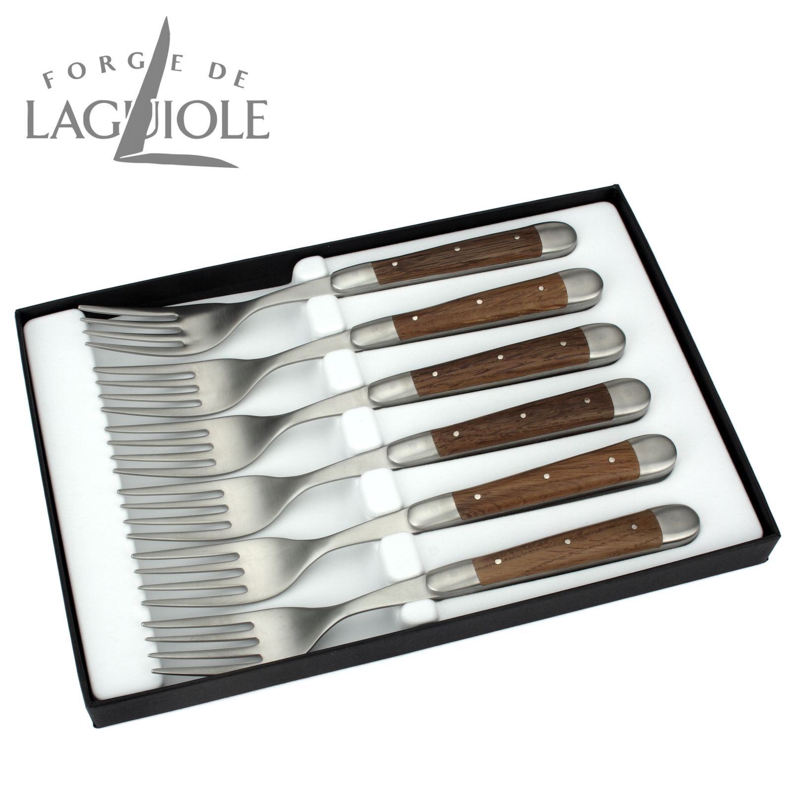 Forge de Laguiole Steakbesteck FE6 2M IN CHFC SAT, 6 Gabeln - Griff Mooreiche - Backen matt - Gabelteil Stahl satiniert