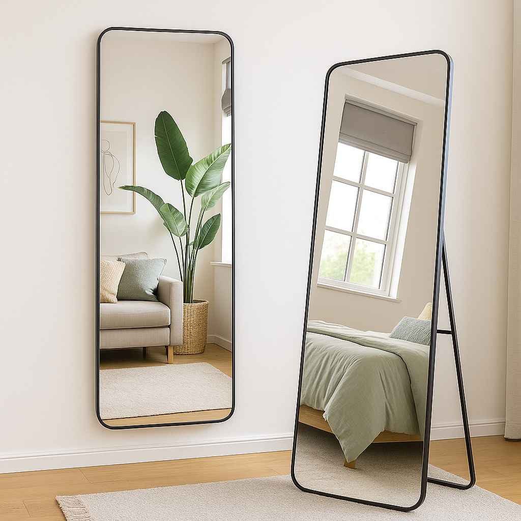 BBWL Ganzkörperspiegel Ganzkörperspiegel mit abgerundeten Ecken,Metallständer und Wandmontage, 45x155 cm, Schwarz, leicht & bruchsicher