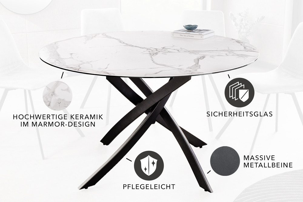 riess-ambiente Esstisch ALPINE 120cm weiß/schwarz - rund, Keramik, Marmor-Optik, Metall (Einzelartikel, 1-St), mir Sterngestell & Platz für 4 Personen – ideal für Esszimmer & Küche