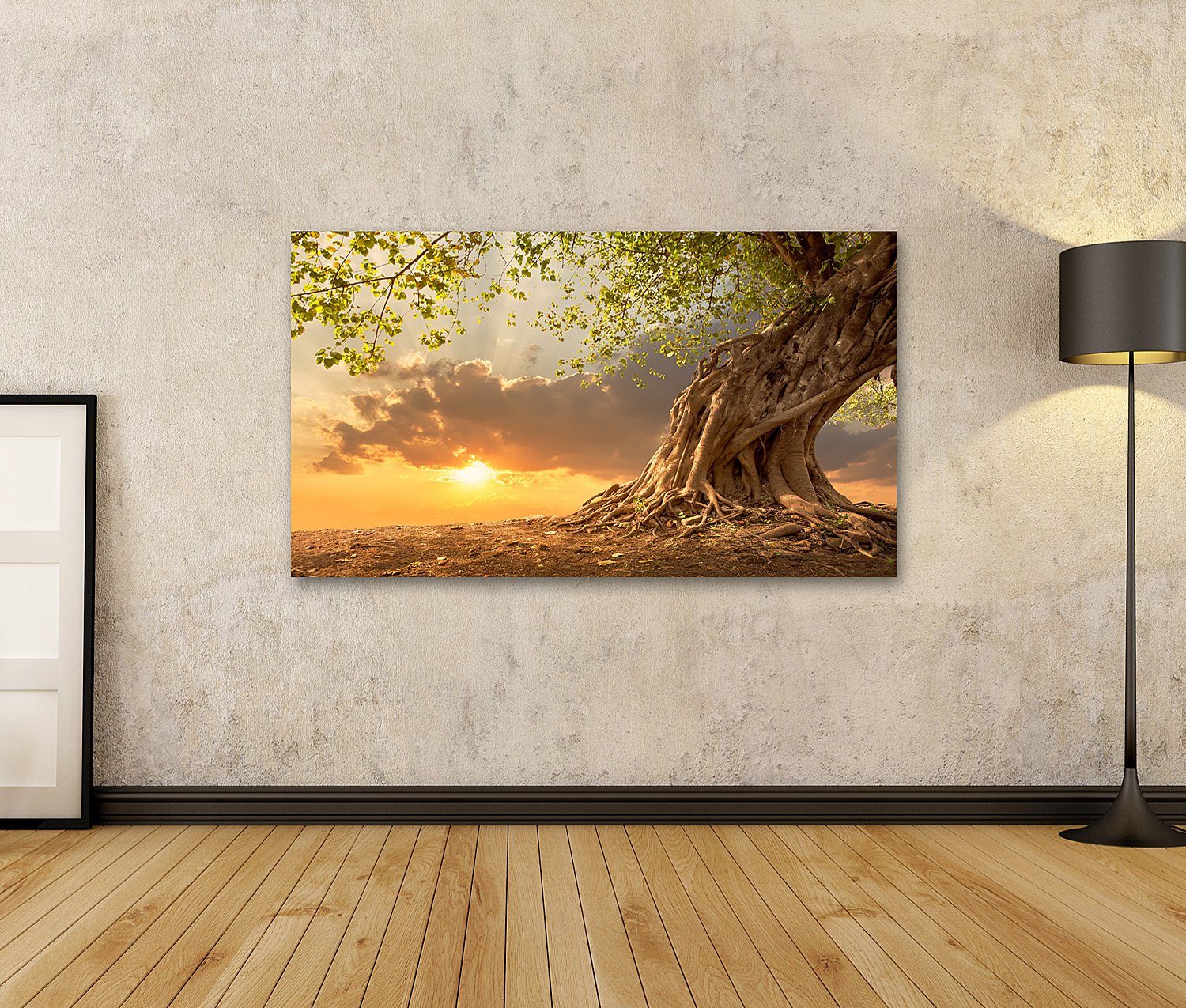 islandburner Leinwandbild Bild auf Leinwand Schöner Baum bei Sonnenuntergang Lebendiges Orange m
