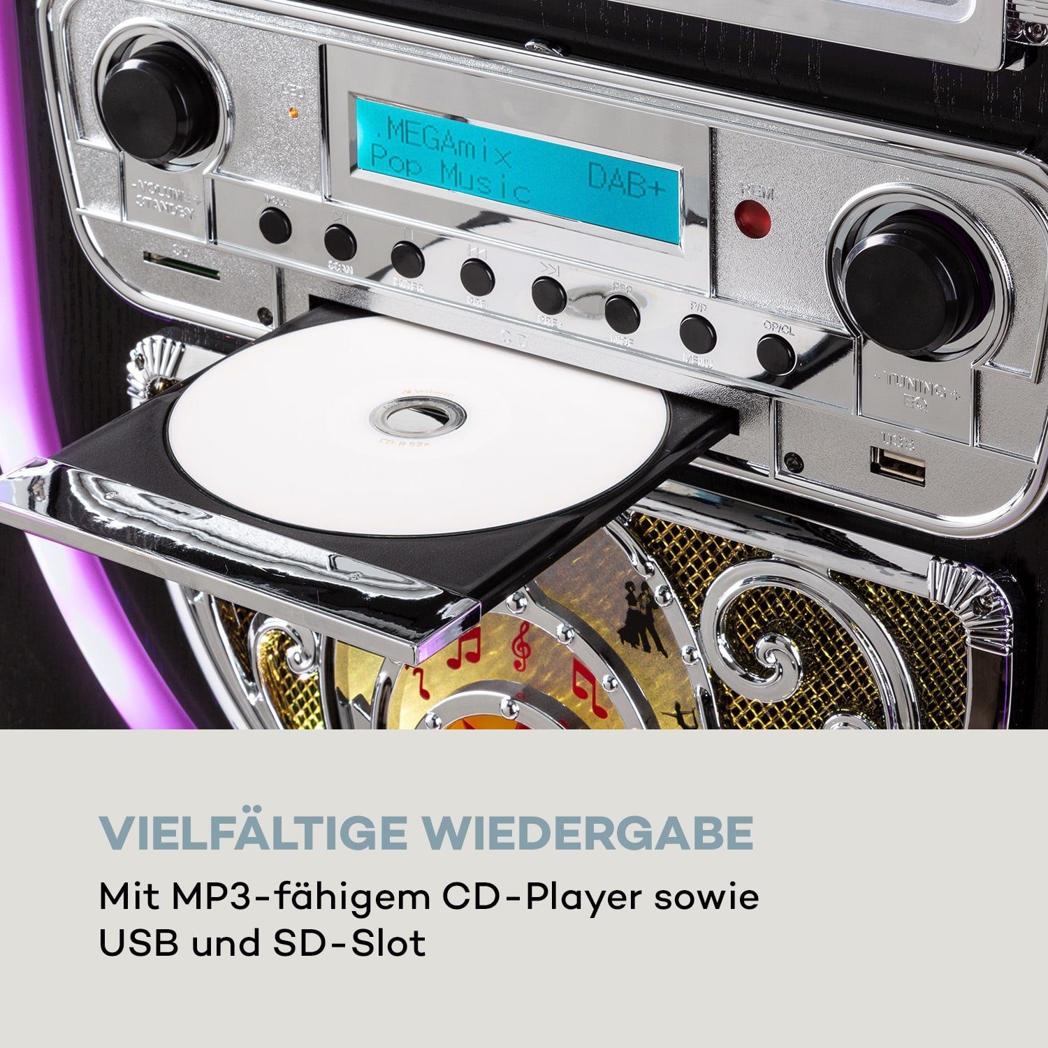 SD Auna Aufnahmefunktion) Retro Mini Stereoanlage USB Bluetooth (DAB+/FM-Radiotuner, Graceland Uhrzeitanzeige