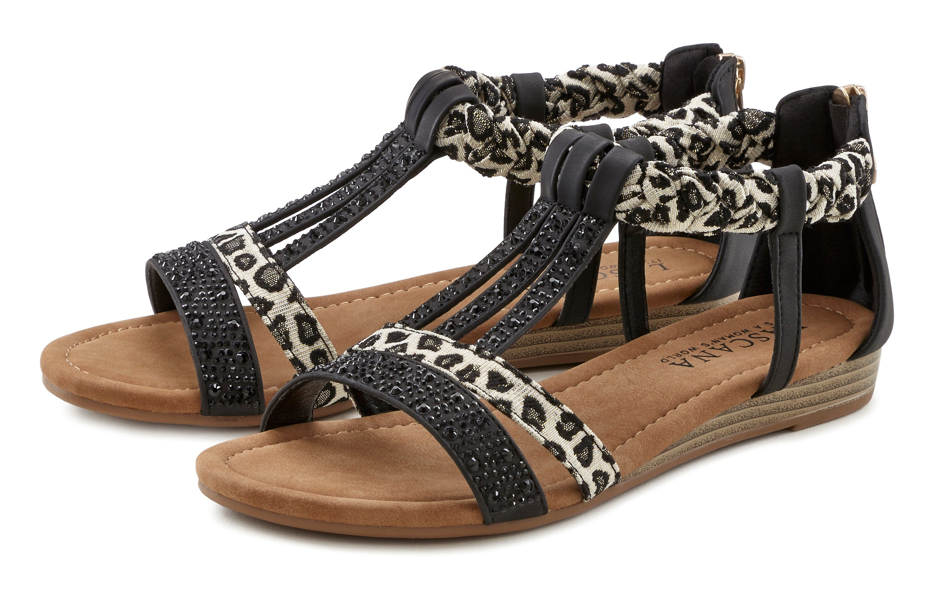 LASCANA Sandale Sandalette, Sommerschuh mit Verzierung und kleinem Keilabsatz VEGAN schwarz/leo