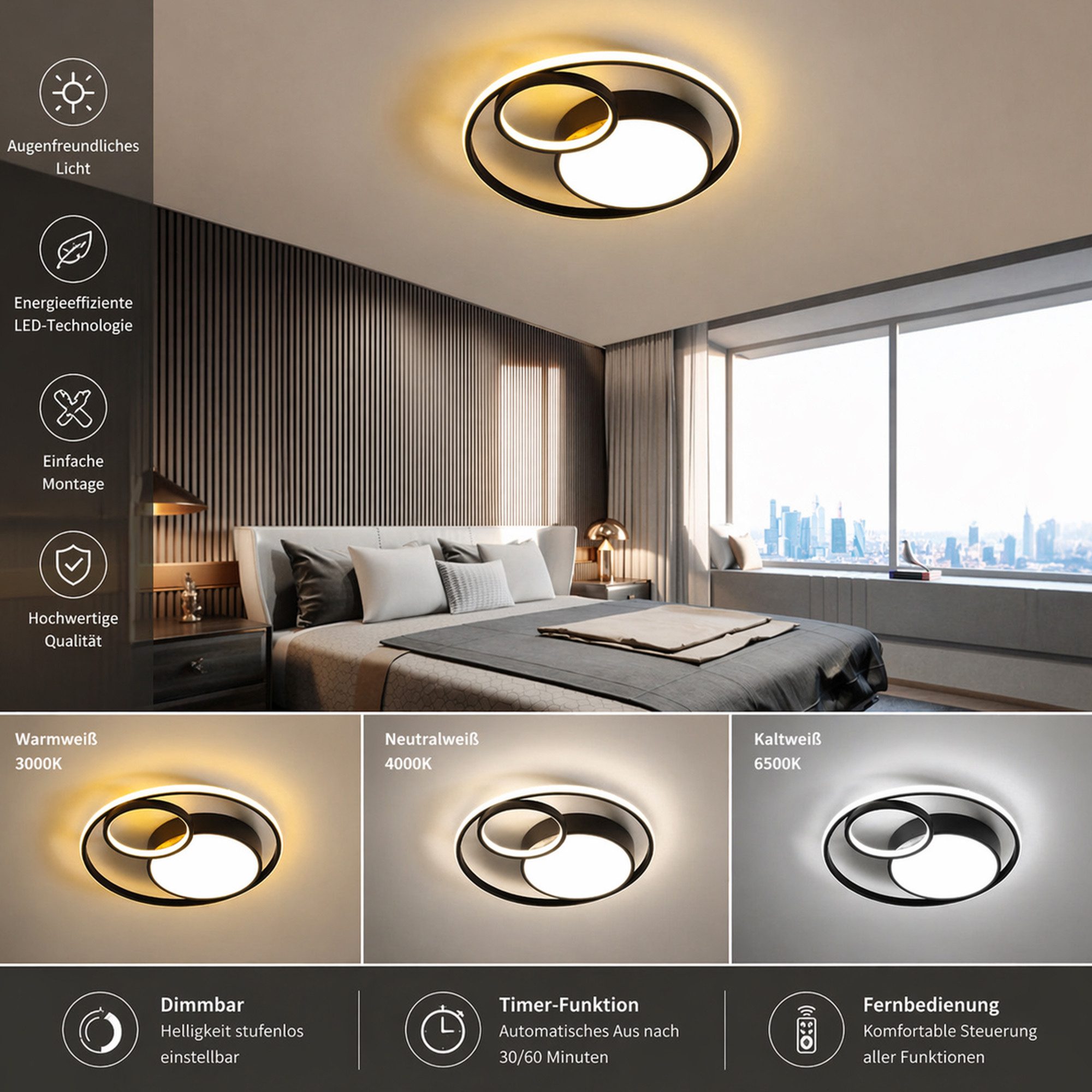 OYLCDI Deckenleuchten LED Deckenlampe Ø53cm,Dimmbar mit Fernbedienung für Wohnzimmer, LED fest integriert, 48W 3000-6500k, Modern Runde Wohnzimmer Schlafzimmer Arbeitszimmer Esszimmer Dekoration Lampen, Mit Speicherfunktion.Lichtfarbe- und Helligkeit einstellbar
