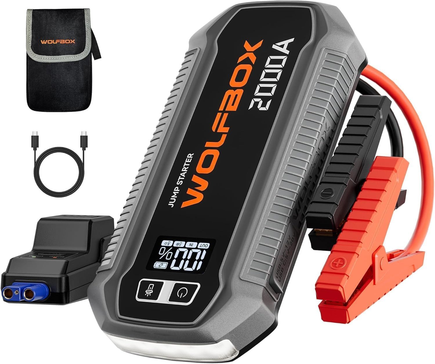 WOLFBOX 2000 A Starthilfe, 12 V Auto Starthilfe mit LED Taschenlampe Starthilfegerät (12 V, 1 St), mit hochauflösendem LCD-Bildschirm