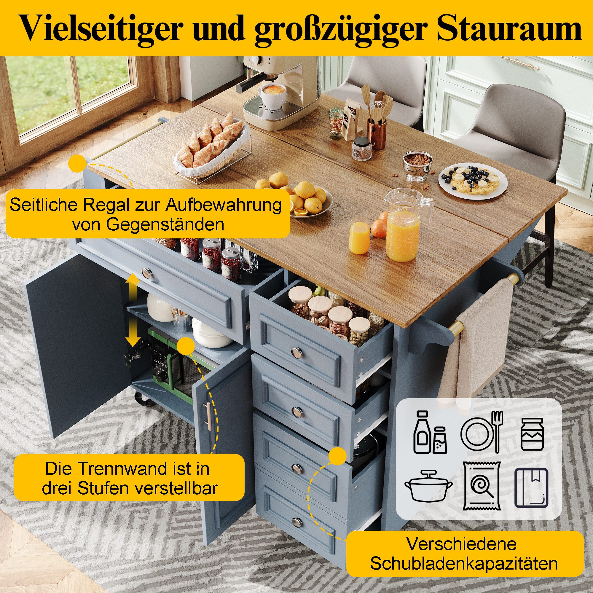 Odikalo Kücheninsel küchenschrank Sideboard Kommode, (Kücheninsel (110×45-75×92cm), Modernes Küchensiland, Küchenschrank, Abnehmbare Servierwagen buffetschrank, Speisewagen mit Vintage-Muster, buffetschrank, Multifunktionale Esstisch mit Speicherraum,weiß)