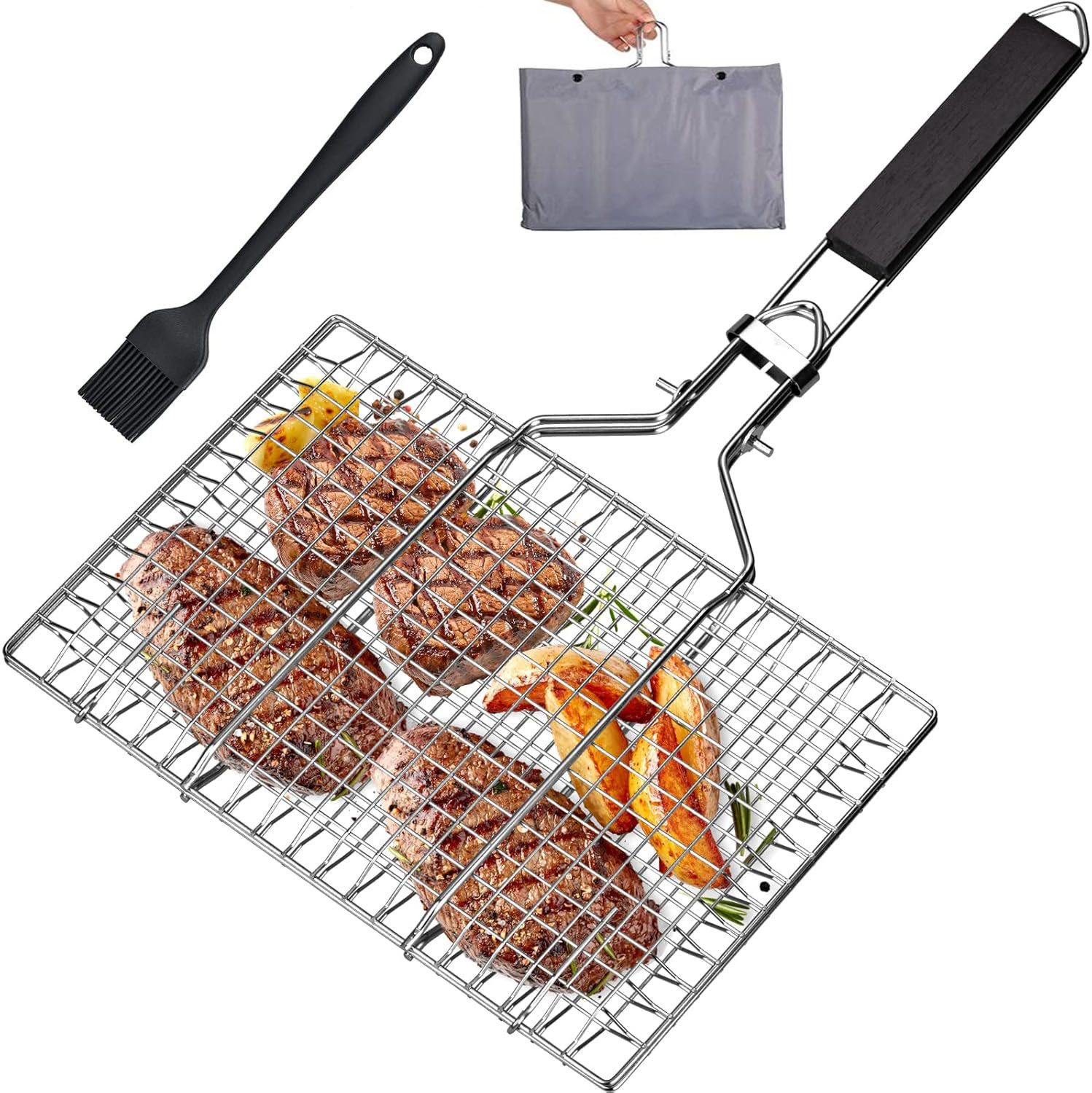 Grillguthalter Grillkorb Edelstahl faltbar Fisch Gemüse Grillgitter mit Tasche,Bürste