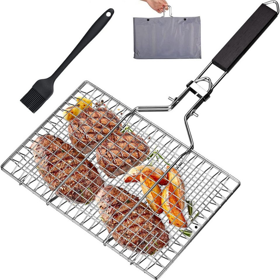 Refined Living Grillguthalter Grillkorb Edelstahl faltbar Fisch Gemüse Grillgitter mit Tasche,Bürste, Edelstahl, Antihaft-Beschichtung, (Fischgrillkorb, BBQ Grillkorb faltbar, Grillkorb mit Holzgriff, Grillzubehör Fisch Gemüse, Edelstahl Grillgitter, Gril