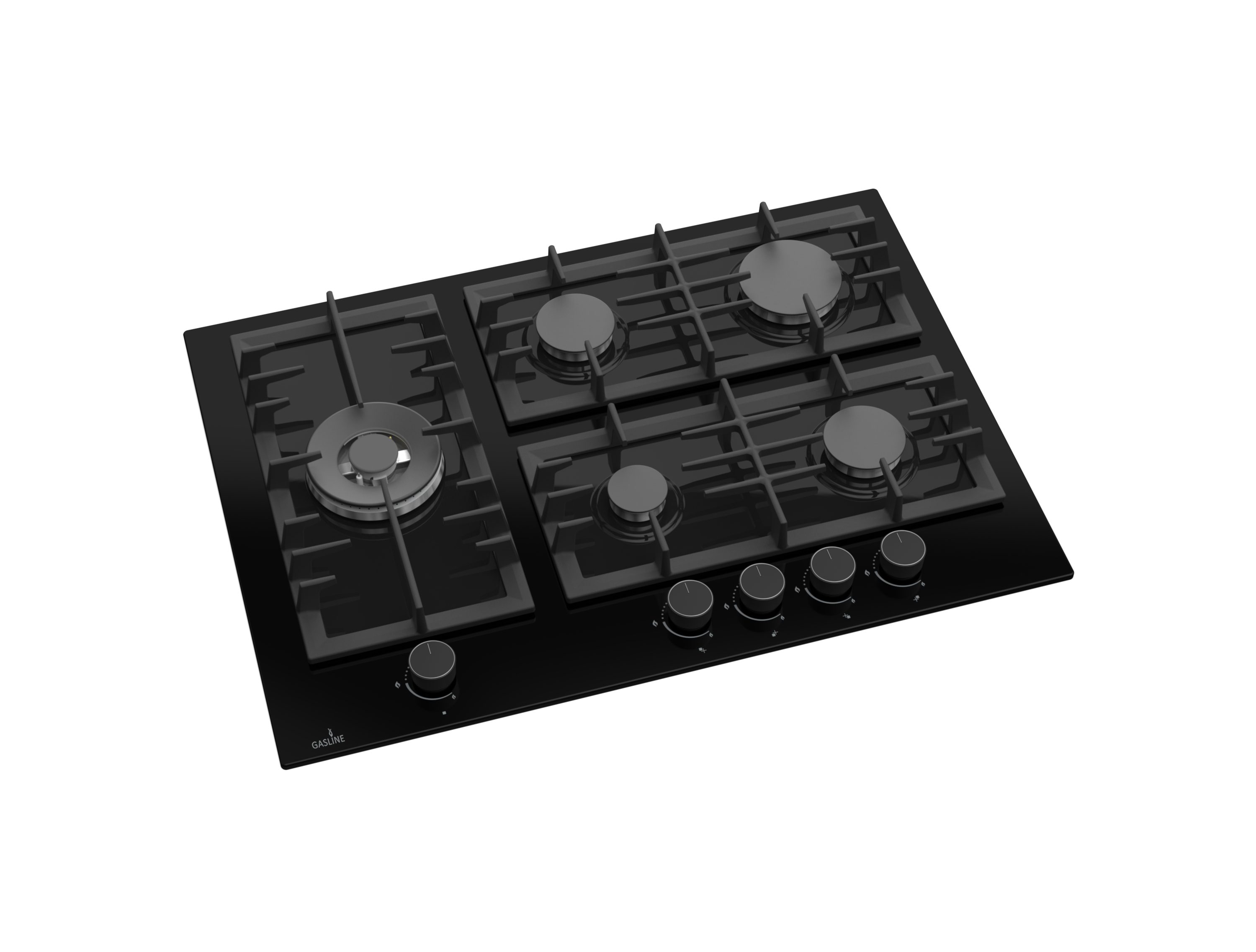 Gas-Kochfeld Einbau mit elektrische Zündung und Zündsicherung, 70cm breit, 5 flammig, 3,8kW Wok Brenner, autark GAG70GLG, Glaskeramik, Erdgas 20mbar / Propangas 50mbar