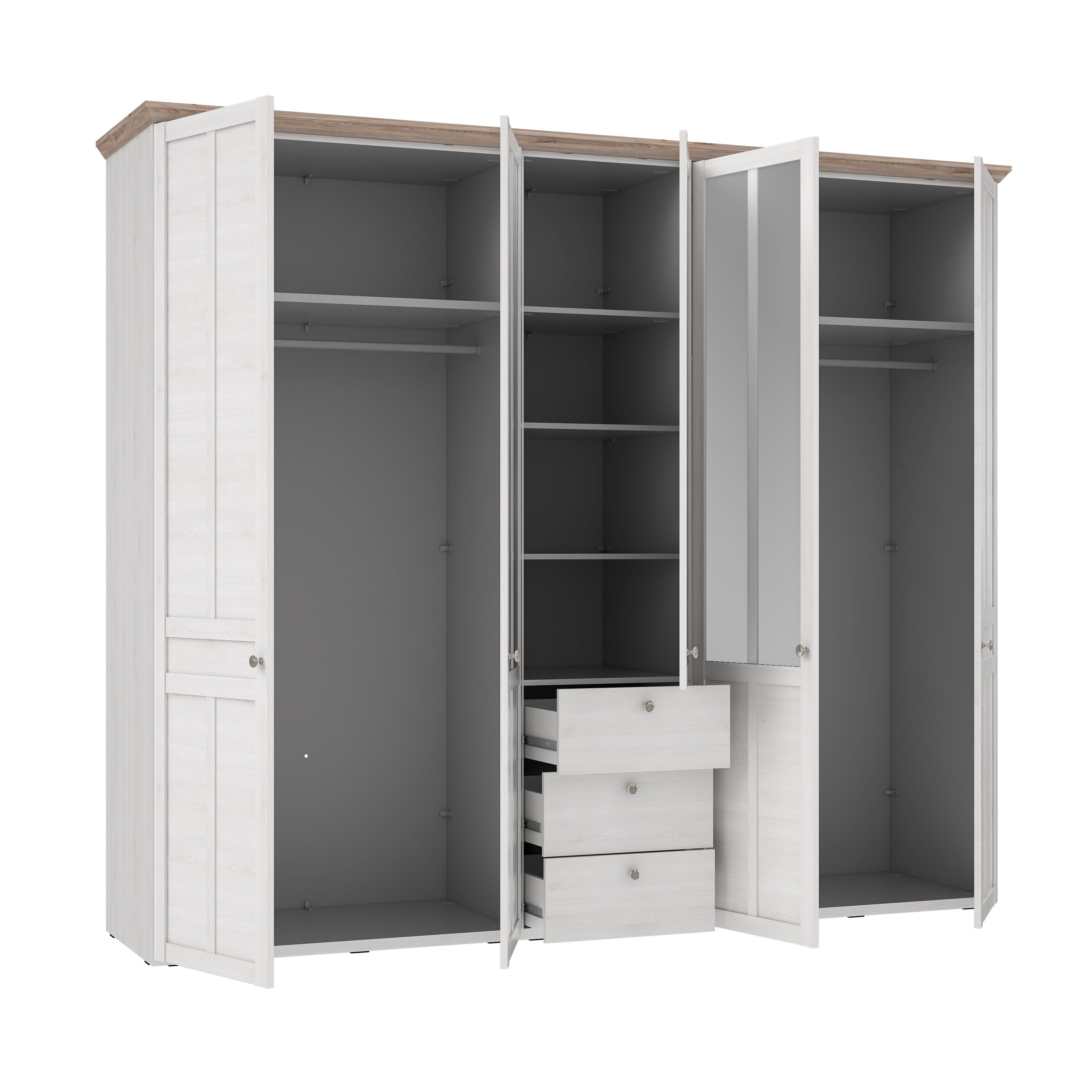 mit möbelando Tiefe Schneeeiche Kleiderschrank Breite 2 Nachbildung 254,4 cm, Spiegel-/Holztüren, Spanplatte Nachbildung, Eiche in 2 Höhe Ablageböden 3 aus und cm Kleiderschrank 3 in Kleiderstangen. 62,1 5 Holztüren, cm, 216,6 Schubkästen, Moderner Indianapolis Nelson Oberboden