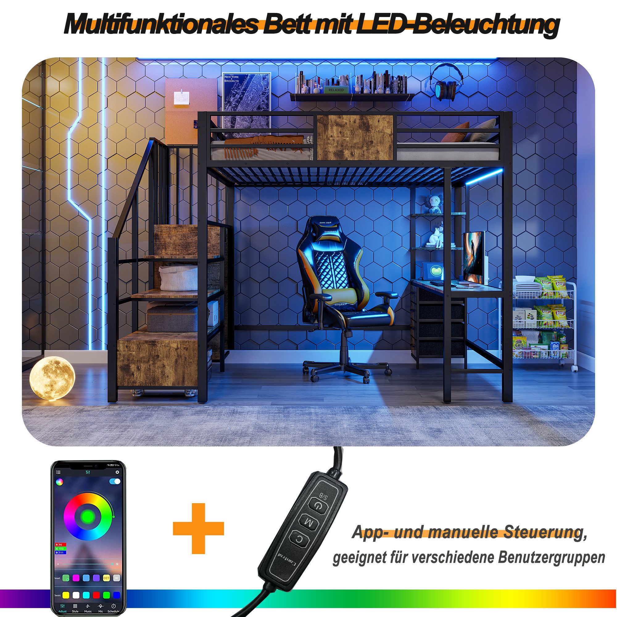 REDOM Hochbett mit Schreibtisch, LED-Beleuchtung und Ablagefächern (Metallbett Kinderbett, Einzelbett 90 x 200 cm) Inklusive Matratze
