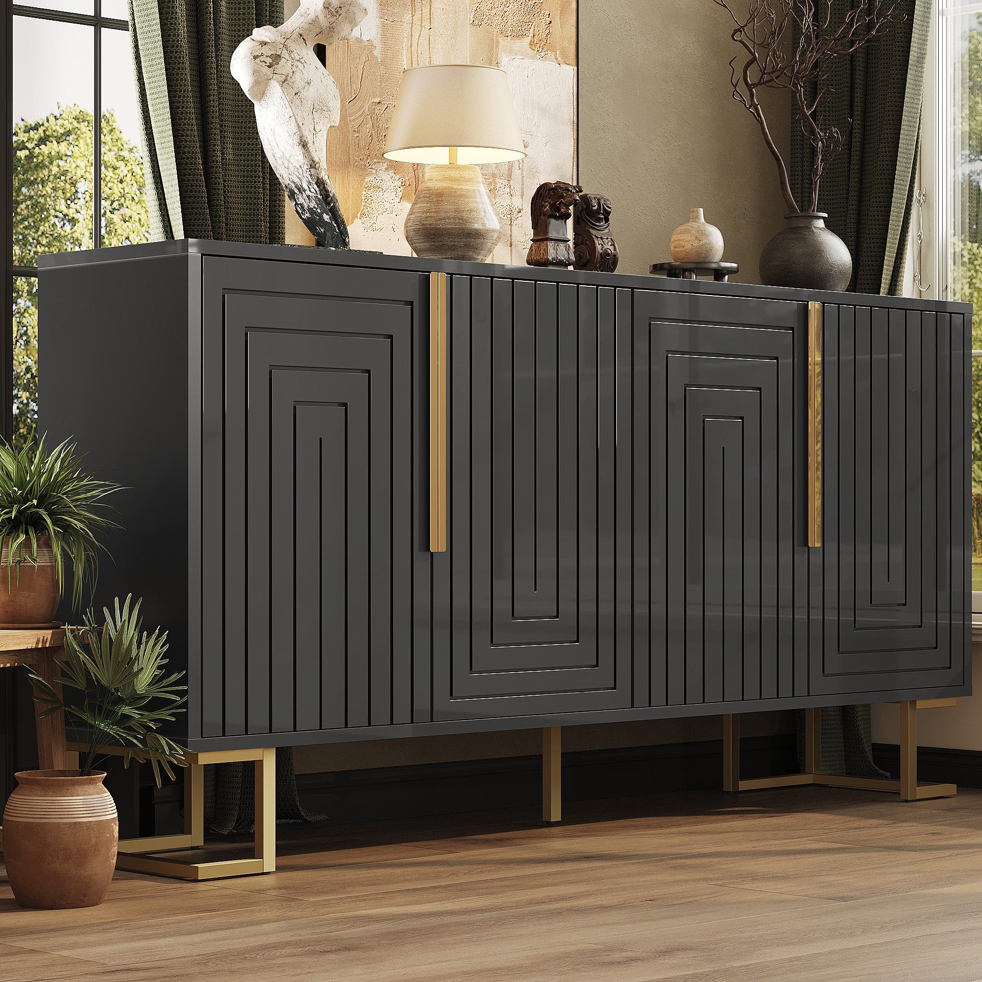 Flieks Sideboard mit 4 Türen Weiß/Schwarz (B152/T40/H75 cm, 1 St., Schrank für Wohnzimmer, Schlafzimmer und Esszimmer), Mehrzweckschrank Kommode mit verstellbare Fußpolstern
