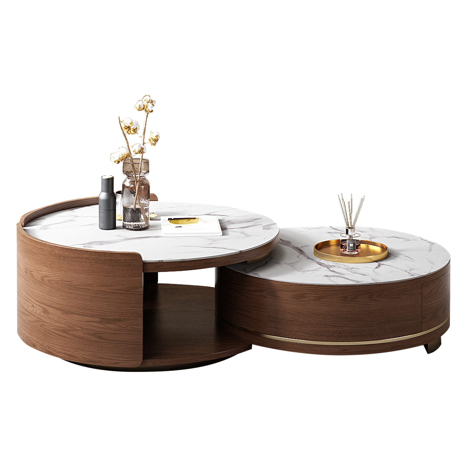 Graceabode Couchtisch Modularer Teleskop-Couchtisch Walnuss-Golden, 81,5 x 38cm (1-St), Sintersteinplatte & MDF-Konstruktion