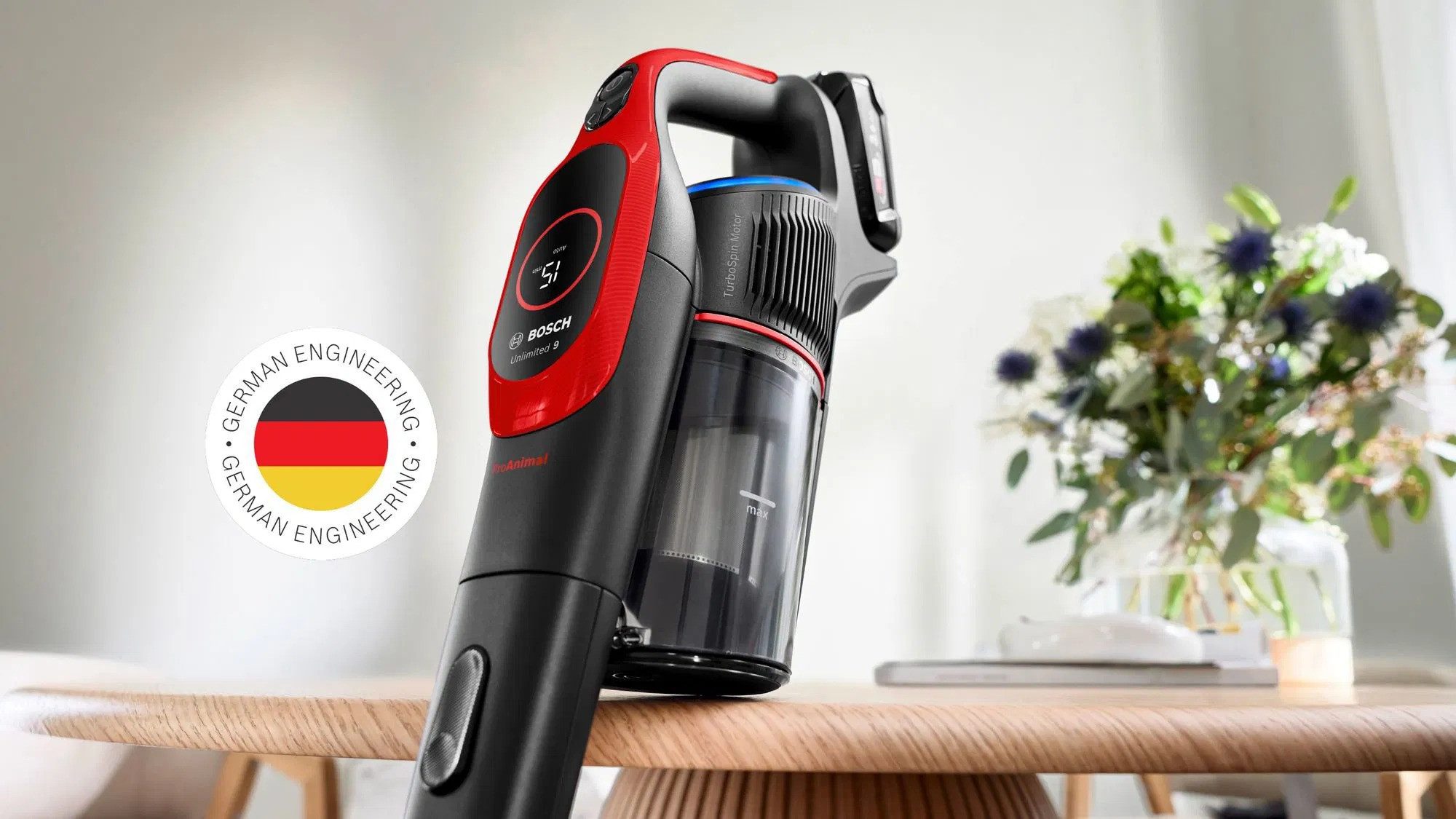 BOSCH Akku-Stielstaubsauger Unlimited 9 BBS931PET Akku Staubsauger Rot, 550 W, Beutellos