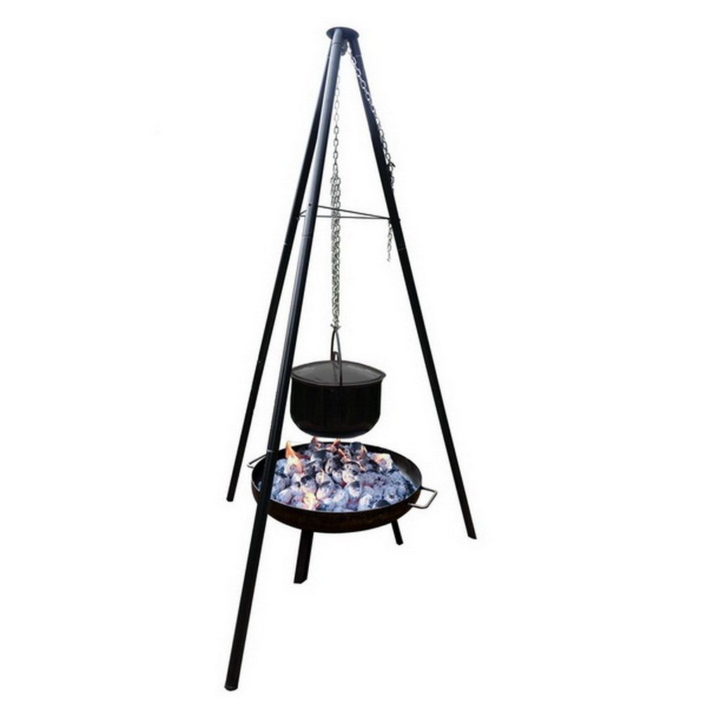 Jürgen Westerholt GmbH Holzkohlegrill Multi-Grillset "OSLO" Schwenkgrill Dreibein Standgrill mit 15L Topf, schwere, massive Feuerschale Ø60 cm - Schwenkgrillgestell H180 cm, Grillrost Ø 55 cm, inkl. 2 Fischfilethalter
