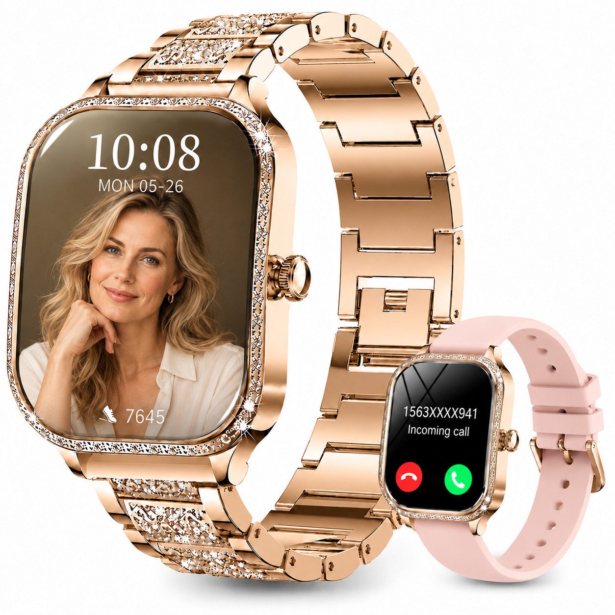 Fyrove Fitnessuhr Damen, Sportuhr, Aktivitätstracker Smartwatch (4,45 cm), Bluetooth-Armbanduhr mit Telefonfunktion, Damen Uhr für Fitness, 2 Armbänder, personalisierbare Zifferblätter und Telefonfunktion