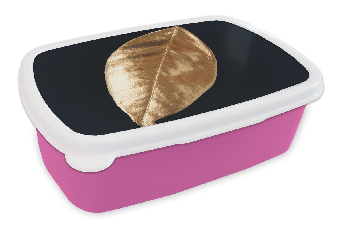 MuchoWow Lunchbox Blätter - Schwarz und Gold - Luxus - Natur - Pflanzen, Kunststoff, (2-tlg), Brotbox für Erwachsene, Brotdose Kinder, Snackbox, Mädchen, Kunststoff rosa