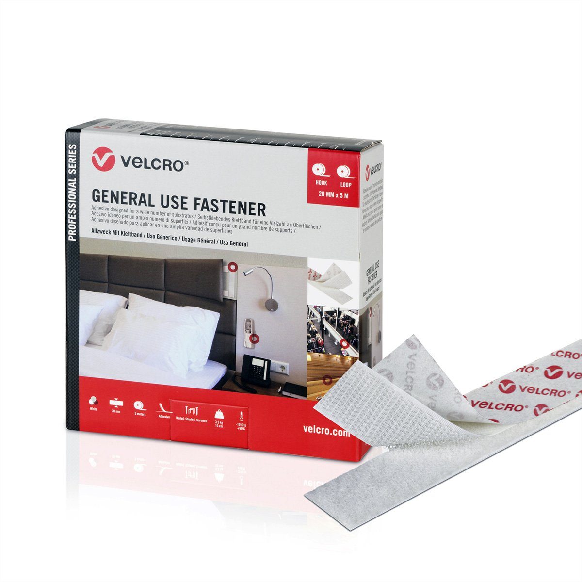 VELCRO Kabelbinder General Use Fastener 5m Hakenband 5m Flauschband Haken & Flausch 20mm weiß, VEL-PS20003