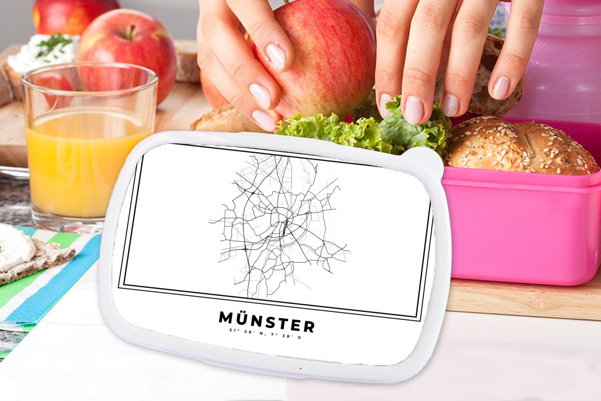 Stadtplan - - Karte - Erwachsene, Lunchbox Deutschland - Brotbox Karte, - für (2-tlg), Kunststoff Münster MuchoWow Snackbox, Kunststoff, Kinder, Schwarz-weiß Mädchen, Brotdose rosa