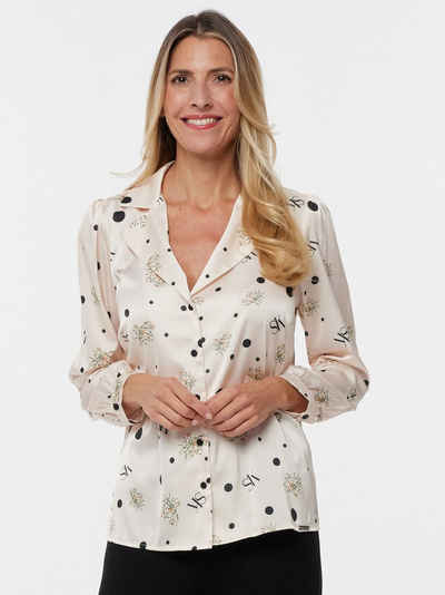 Sarah Kern Druckbluse Langarmshirt figurumspielend mit floralem Muster und schwarzen Punkten