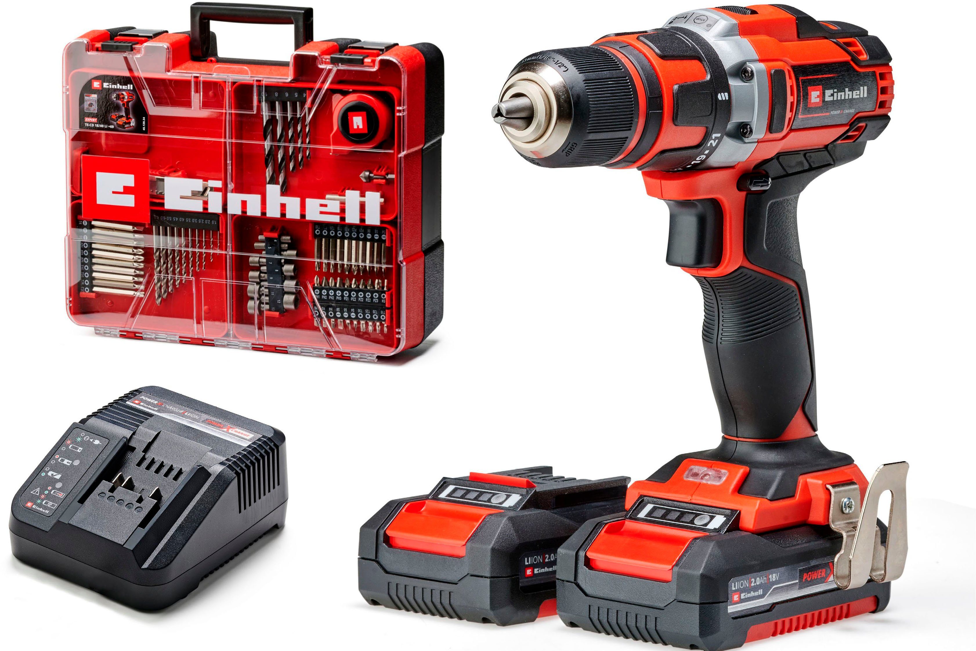 Einhell Akku-Bohrschrauber TE-CD 18/40 Li +69, max. 1500 U/min, (Set), mit 2 Akkus 18V/2,0 Ah, Ladegerät, Transportkoffer und Zubehör-Set