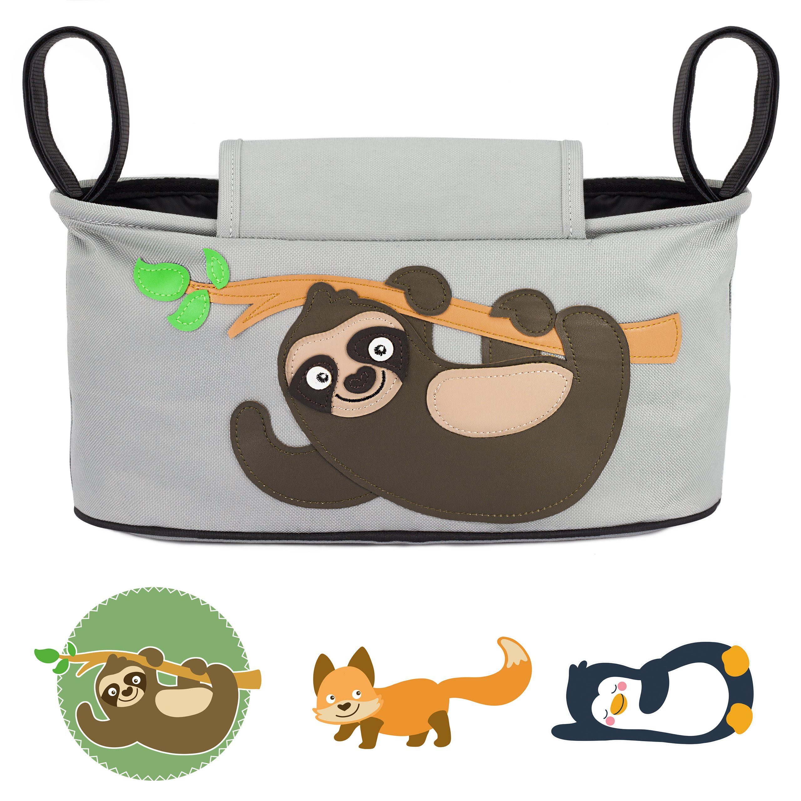 GLÜCKSWOLKE Kinderwagen-Tasche in Grau oder Schwarz I 6 Motive I Kinderwagentasche & Buggy Organizer, Kinderwagen Tasche mit Getränkehalter und Feuchttücherfach