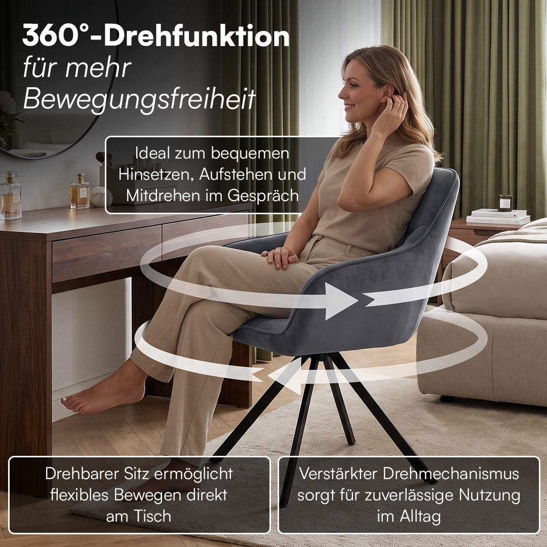 skølm Esszimmerstuhl Sköll Drehstuhl mit Samt-Bezug (2er Set, dunkelgrau, bis 150 kg), Küchenstuhl, höhenverstellbar & drehbar, verfügbar als 4er/6er Set – Bild 2 von 5