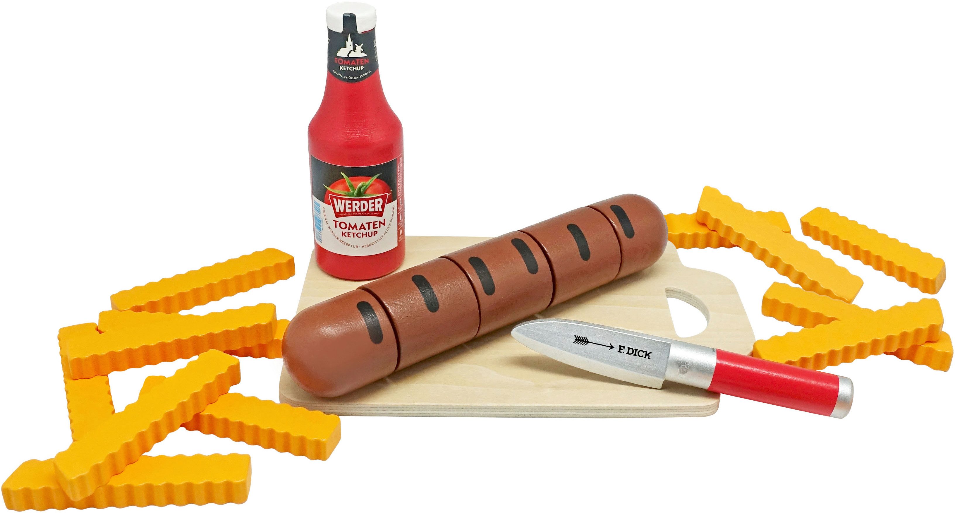 Tanner Spiellebensmittel Bratwurst zum Schneiden mit Pommes und Werder Ketchup, aus Holz, FSC® - schützt Wald