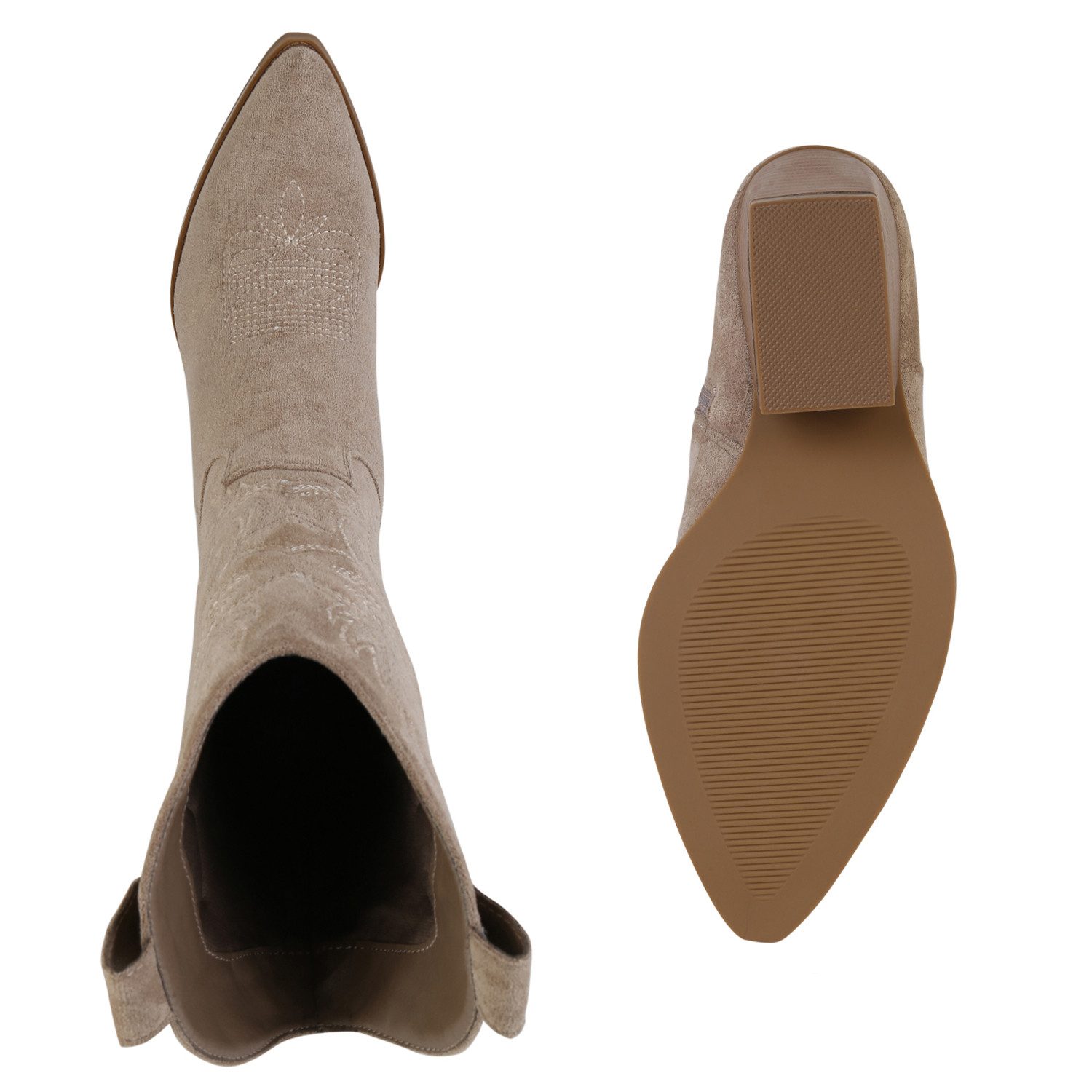 VAN HILL 840142 Cowboystiefel Damen Cowboystiefel Stiefel Stickereien Holzoptikabsatz