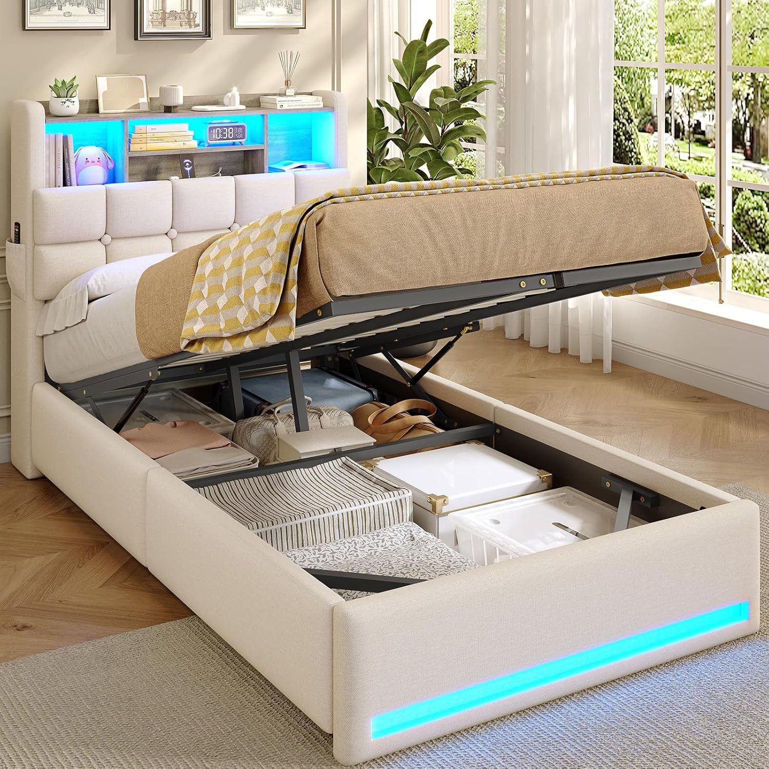 MSMASK Polsterbett Hydraulisches Stauraumbett mit LED-Bleuchtung, 90X200 cm (1-tlg., Ohne Matratze), Jugendbett mit USB- und Type-C-Anschlüsse, Leinenstoff