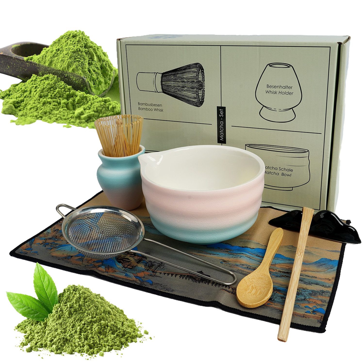 AKKEE Teeservice 8 Stück Matcha Tee Set mit Matcha Besen Edelstahlsieb Schal, Matcha-Zubereitungsset