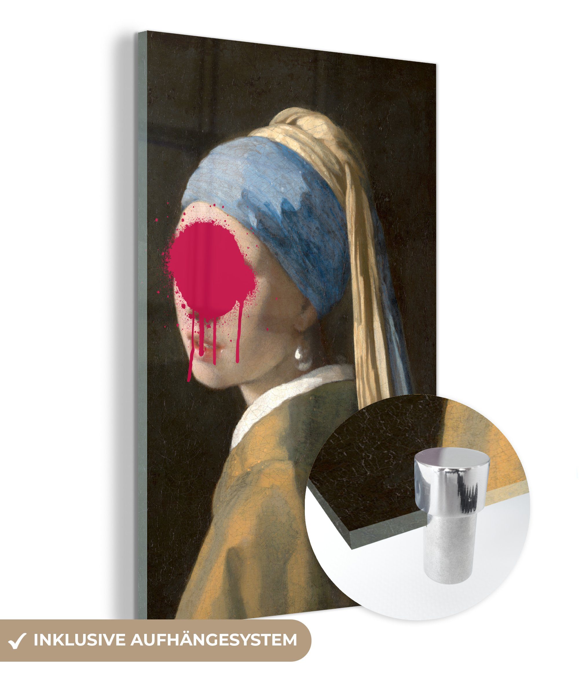 MuchoWow Acrylglasbild Das Mädchen mit dem Perlenohrring - Johannes Vermeer - Rosa, (1 St), Glasbilder - Bilder auf Glas Wandbild - Foto auf Glas - Wanddekoration bunt