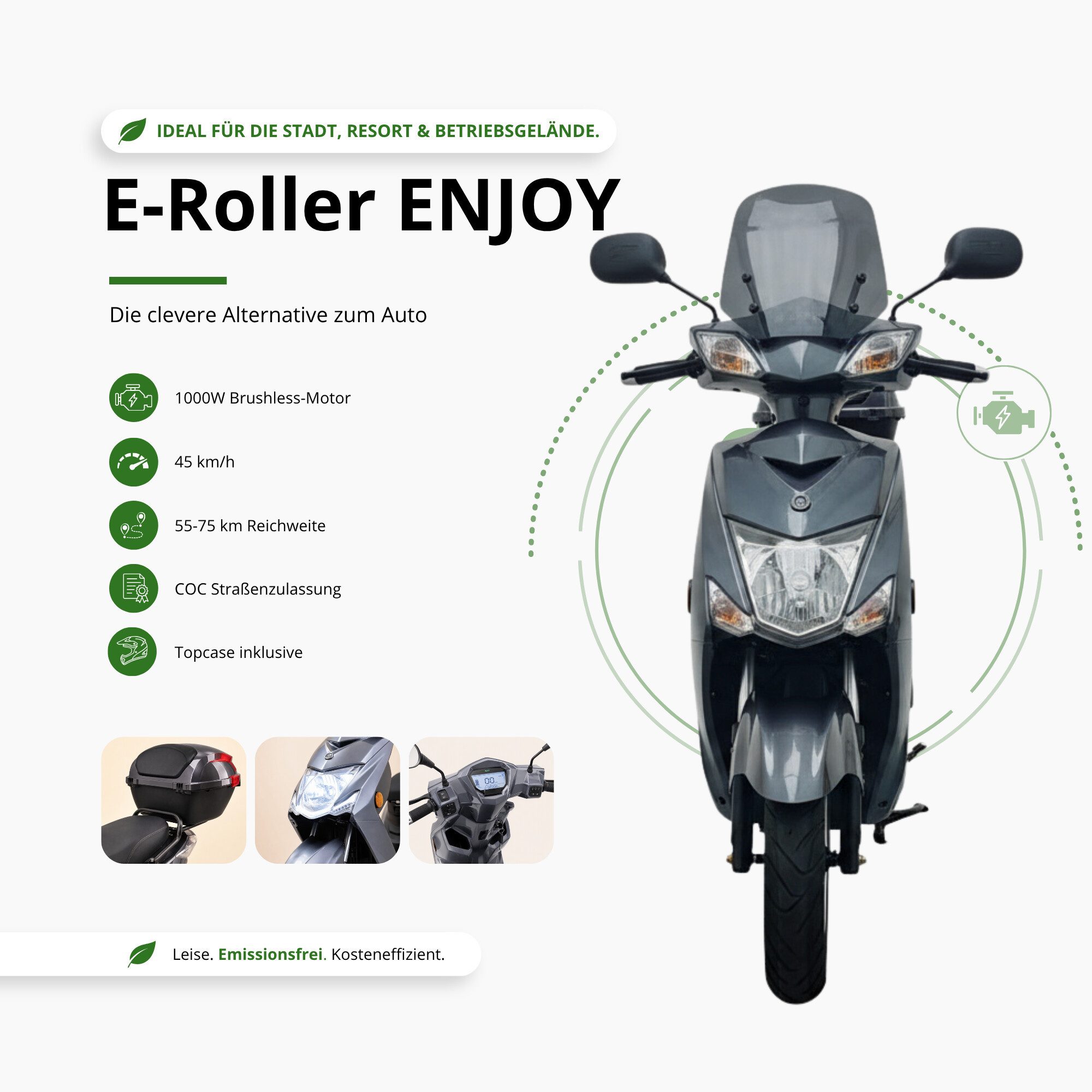 Urban Hopper E-Motorroller Elektro-Roller mit Straßenzulassung in Grau Urban Hopper Enjoy, 1000 W, 25 km/h, Reichweite ca. 75 km mit LED, Scheibenbremsen Inklusive Top-Case