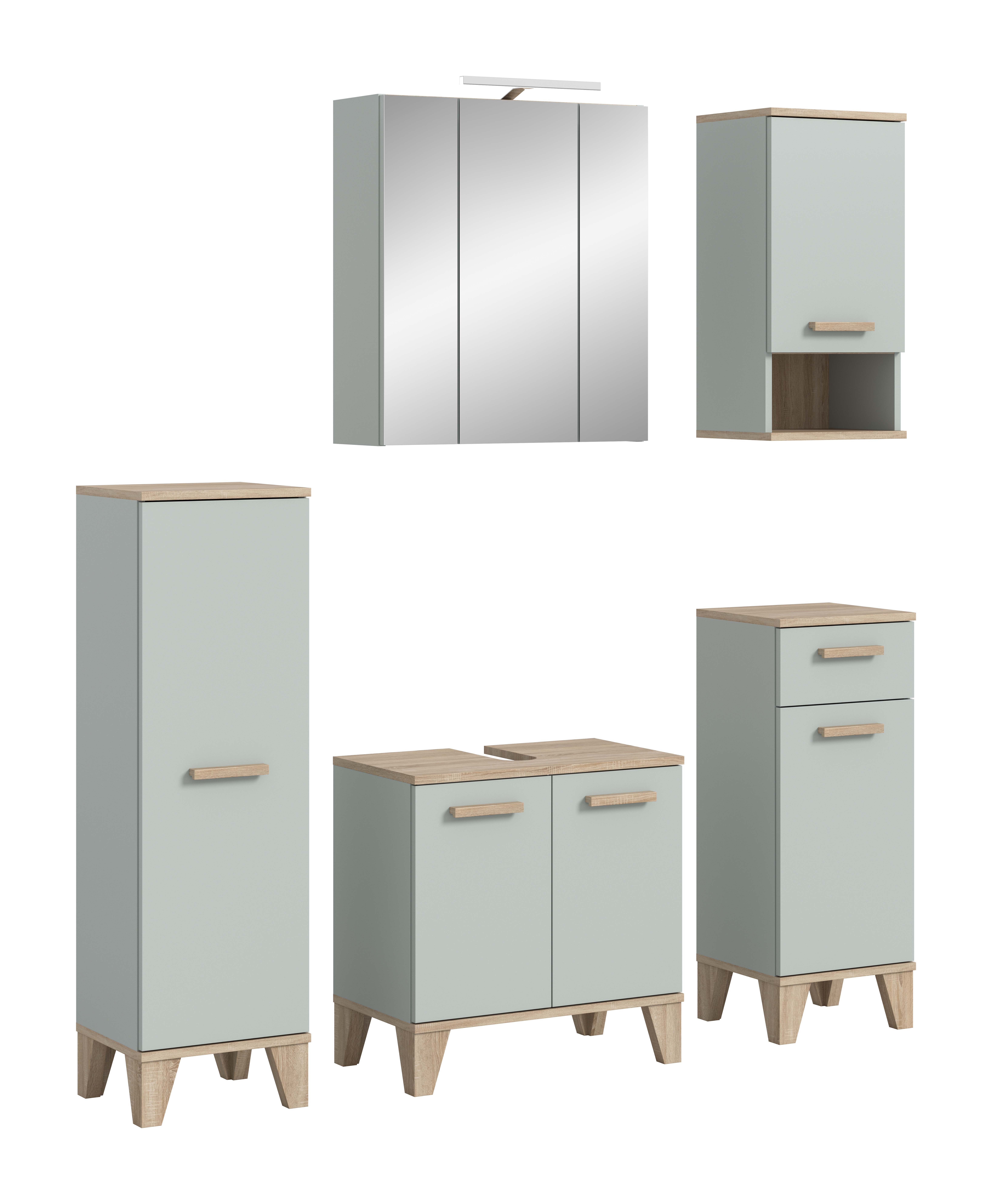 furnling Badmöbel-Set Stara, (5-St., Badmidischrank, Badschrank, Hängeschrank, Spiegelschrank, WBU), wasserabweisende Oberflächen, matte MDF Front, pflegeleicht, hellgrün