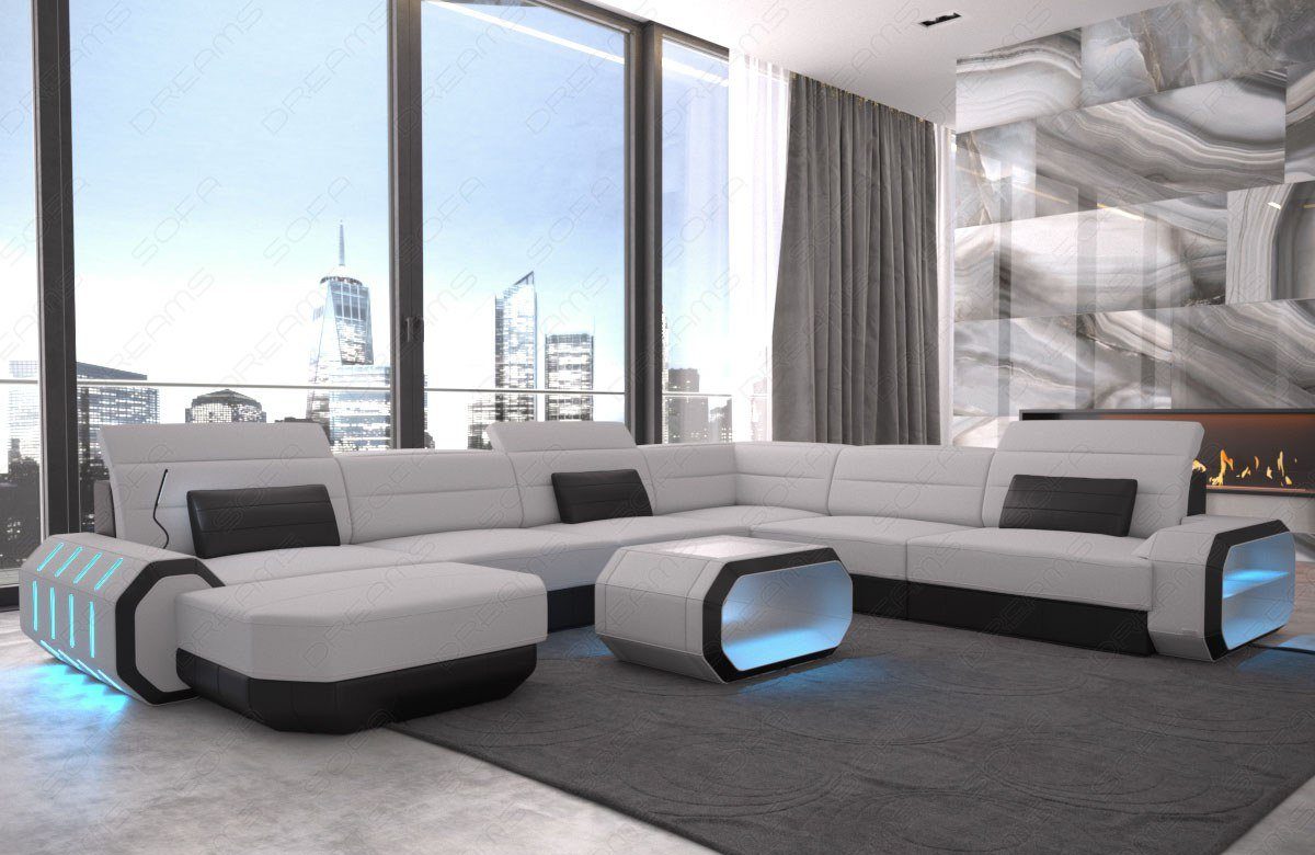 Designer Polster hellgrau-schwarz Sofa M Stoffsofa, XXL wahlweise Stoff Wohnlandschaft Dreams Roma mit Couch Bettfunktion Mikrofaser Sofa