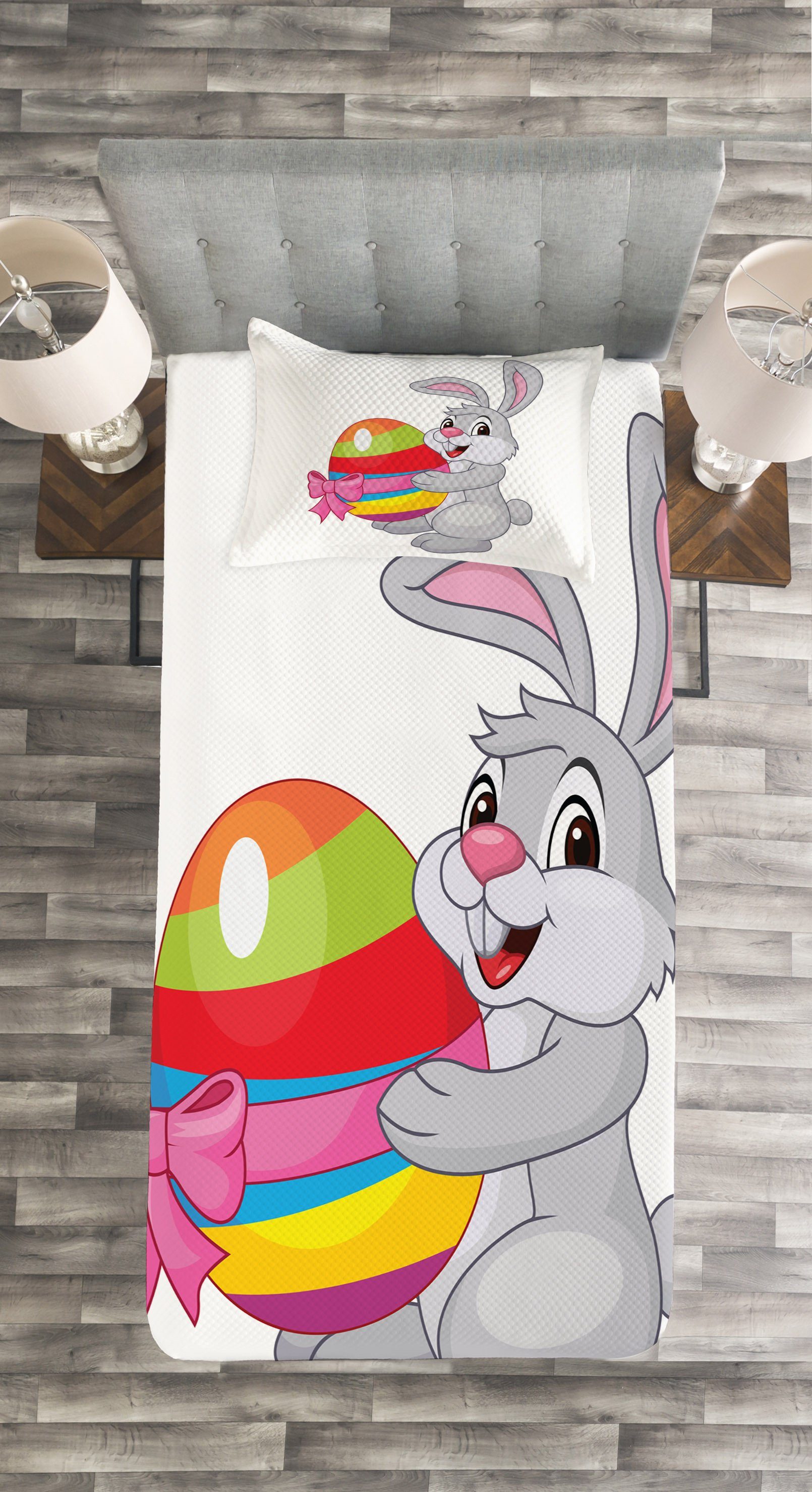 Tagesdecke Set mit Cartoon-Kaninchen Abakuhaus, Ostern Kissenbezügen Waschbar